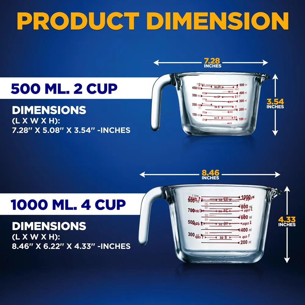 2 Pcs. High Borosilicate Glass Measuring Cup With Customized Decal Scale, 500 Ml And 1000 Ml