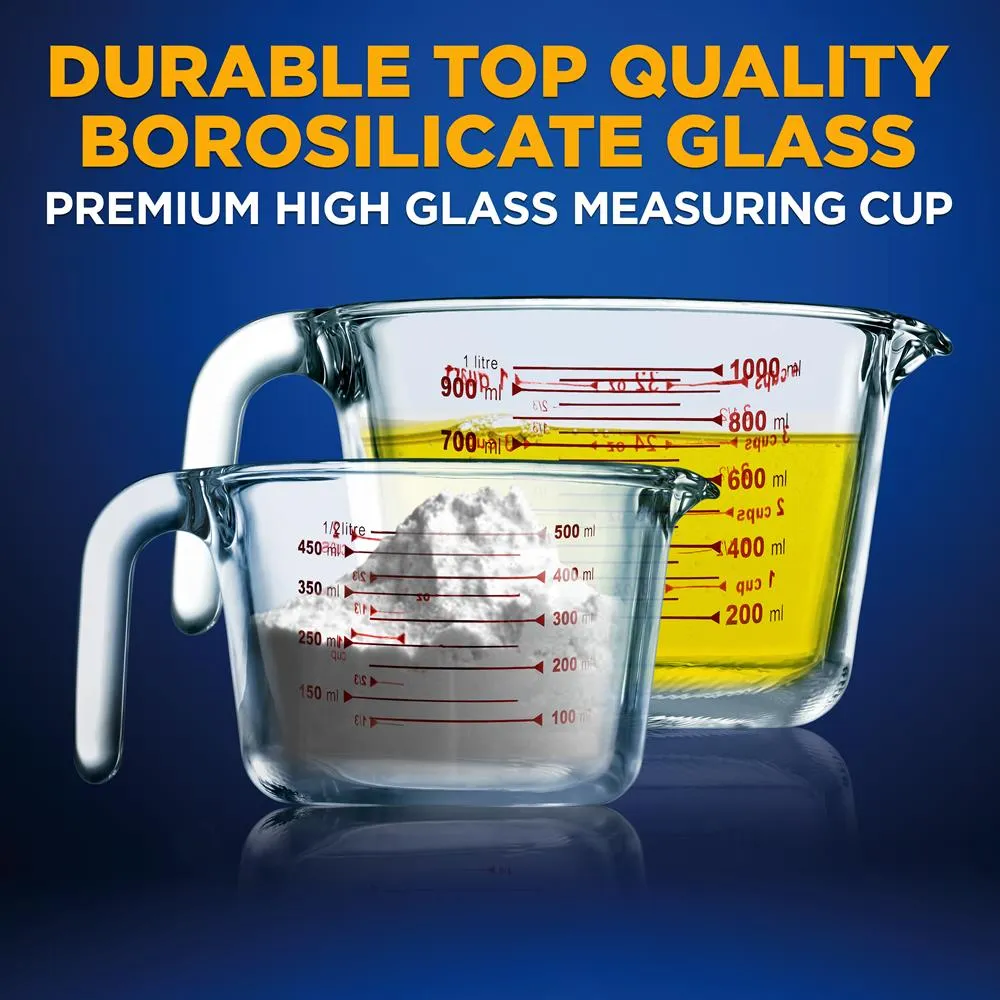 2 Pcs. High Borosilicate Glass Measuring Cup With Customized Decal Scale, 500 Ml And 1000 Ml