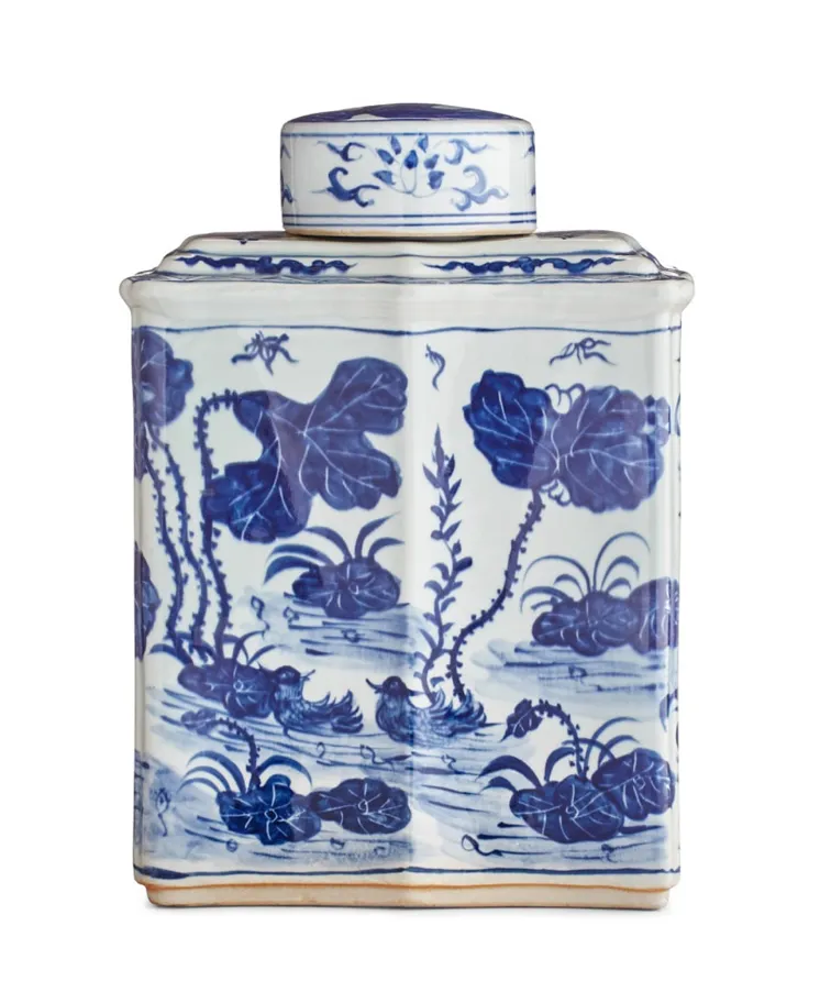 Blue And White Curved Tea Jar Lotus Motif