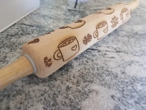 Coco, Hot Chocolate, Coffee, Snowflakes, Winter, Christmas, Texture, Embossed, Engraved, Wooden Rolling Pin, Cookie Stamp, pottery