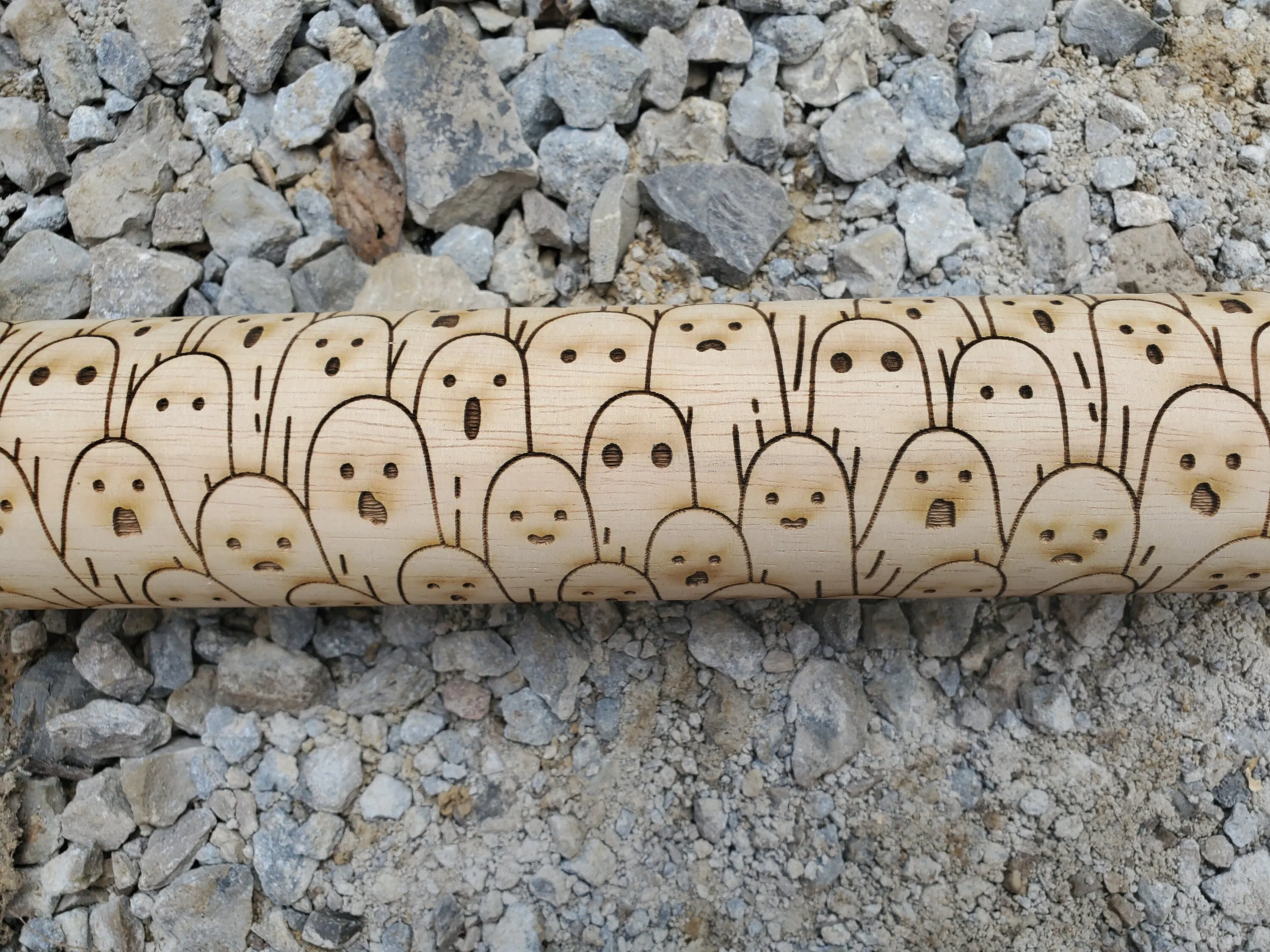 Ghost, Ghoul, Spirit, Halloween, Friendly, Rolling Pin, Texture, Embossed, Engraved, Wooden, Cookie Stamp, Laser, Pottery