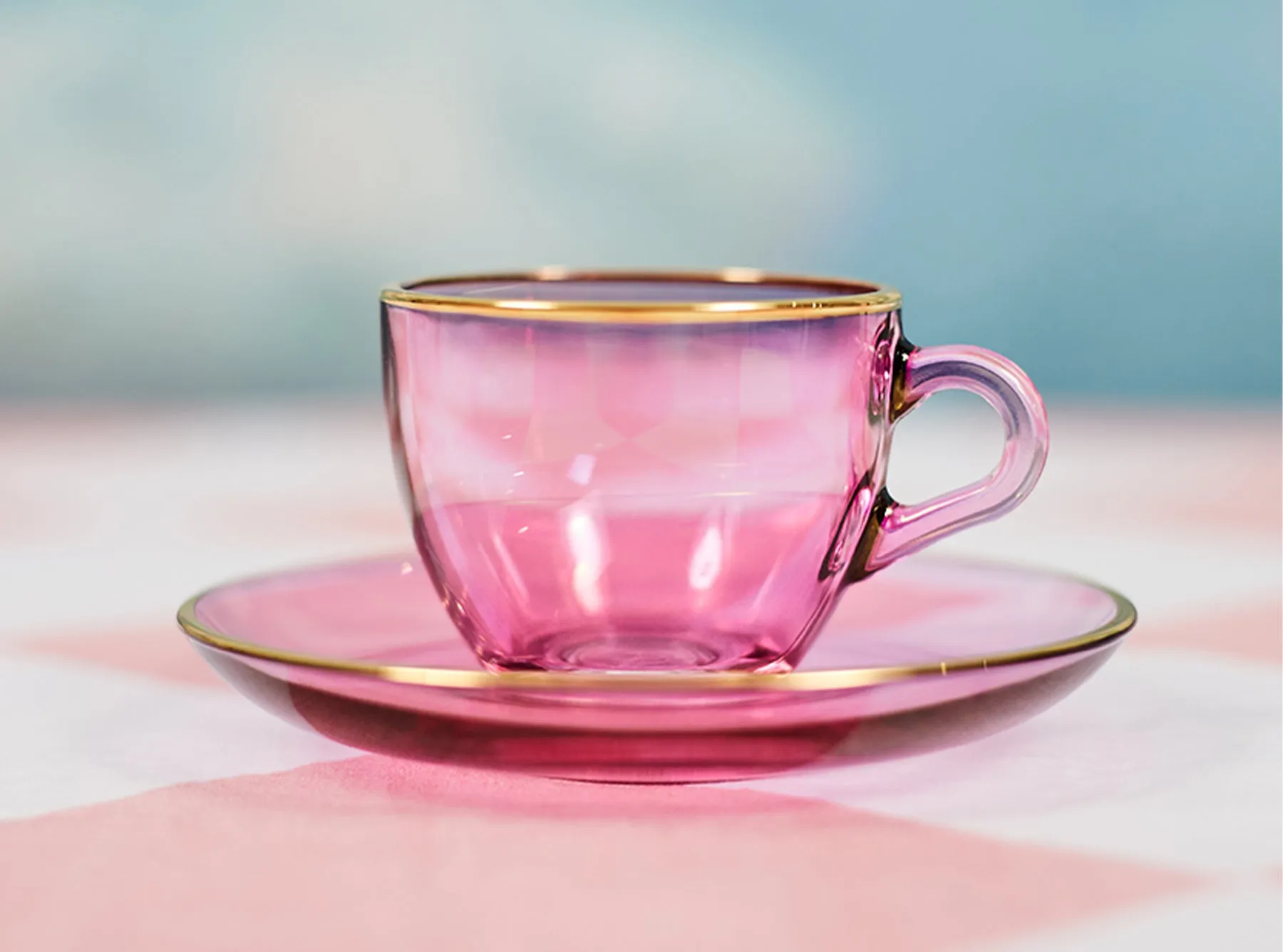 Handblown Glass Espresso Cup and Saucer in Pink with Gold Rim