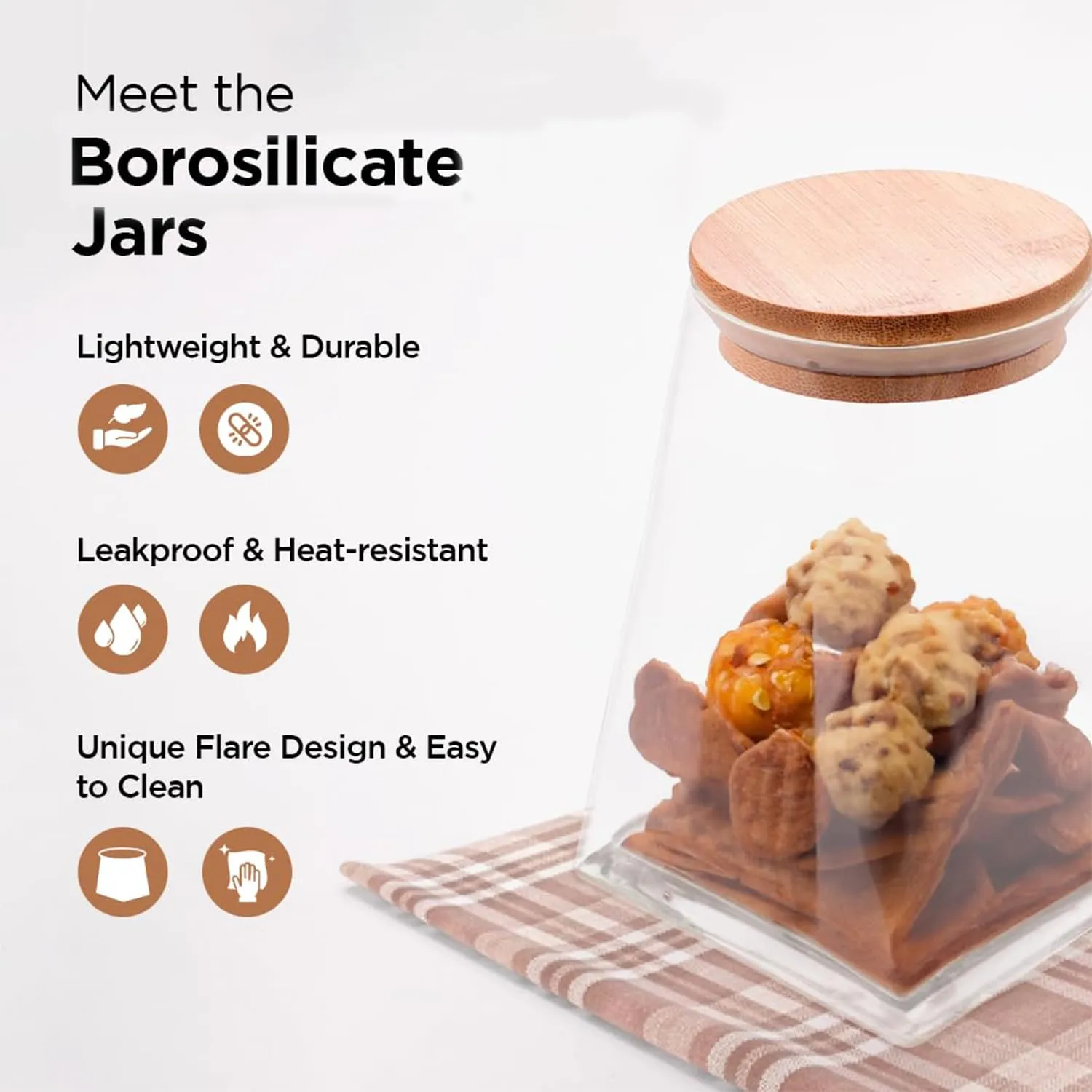 Heart Home Borosilicate Glass Jar with Bamboo Lid | Kitchen Organizer Items & Storage | Multi-utility, Leakproof, Airtight Storage Jar for Cookies, Snacks, Tea, Coffee, Sugar | Set of 2 (750ml)