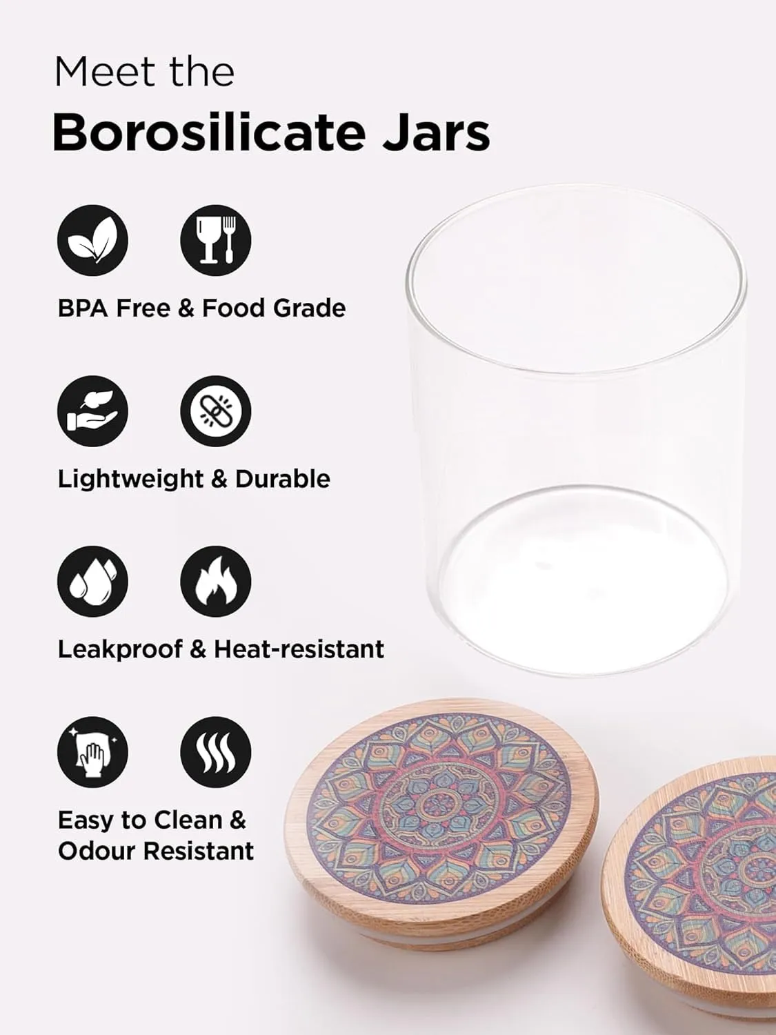 Heart Home Borosilicate Glass Jar with Printed Bamboo Lid|Kitchen Organizer Items and Storage|Multi-utility, Leakproof, Airtight Storage Jar for Cookies,Snacks,Tea,Coffee,Sugar|Pack of 6(300ml)