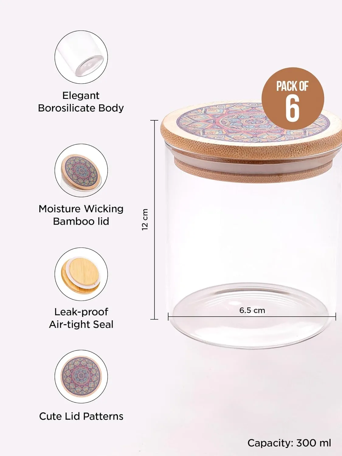 Heart Home Borosilicate Glass Jar with Printed Bamboo Lid|Kitchen Organizer Items and Storage|Multi-utility, Leakproof, Airtight Storage Jar for Cookies,Snacks,Tea,Coffee,Sugar|Pack of 6(300ml)