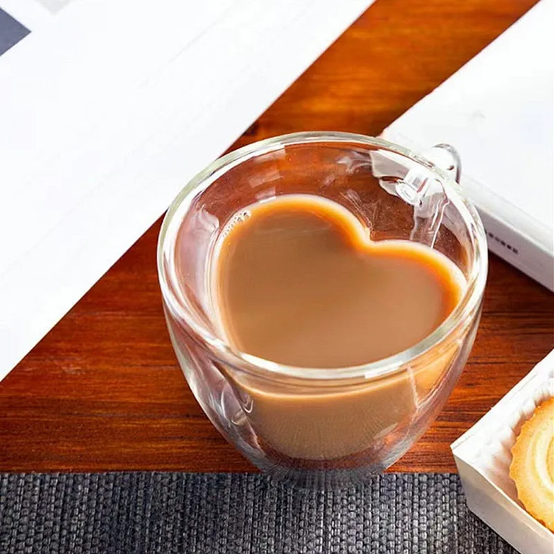Heart Love Shaped Glass Mug Double Wall Coffee Mugs Insulated Tea Milk Lemon Juice Water Cup Heat Resistant Drinkware Lover Gift