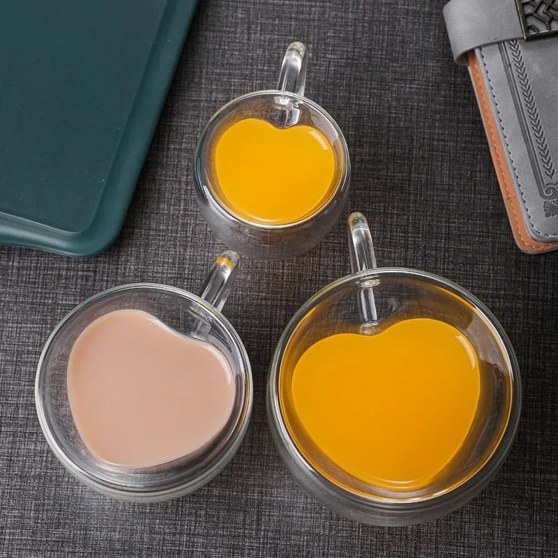 Heart Love Shaped Glass Mug Double Wall Coffee Mugs Insulated Tea Milk Lemon Juice Water Cup Heat Resistant Drinkware Lover Gift