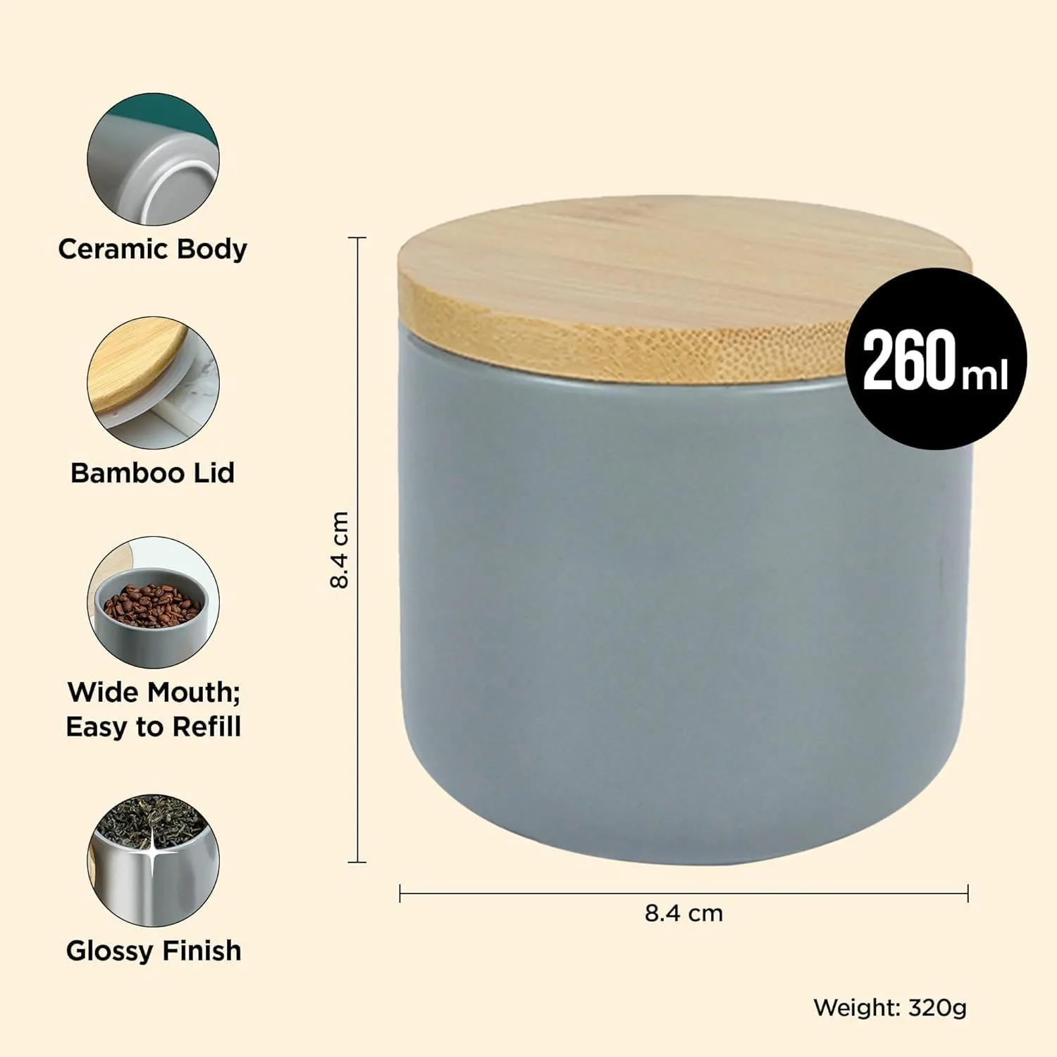 Homestic 260ml Ceramic Jar for Kitchen Storage | Air tight Container Set with Bamboo Lid | Kitchen Container for Snacks, Tea, Sugar | Multipurpose Organizer | Grey | Pack of 2