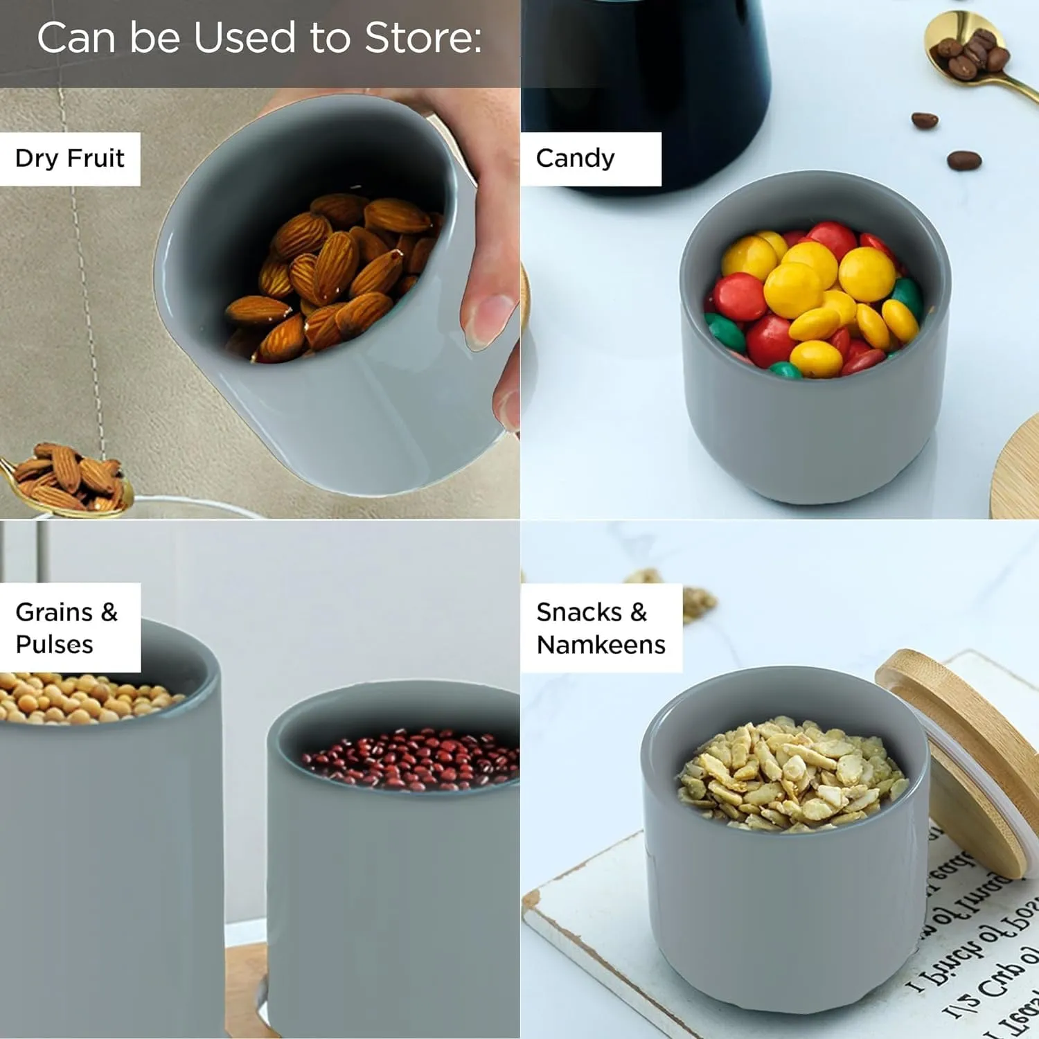 Homestic 260ml Ceramic Jar for Kitchen Storage | Air tight Container Set with Bamboo Lid | Kitchen Container for Snacks, Tea, Sugar | Multipurpose Organizer | Grey | Pack of 2