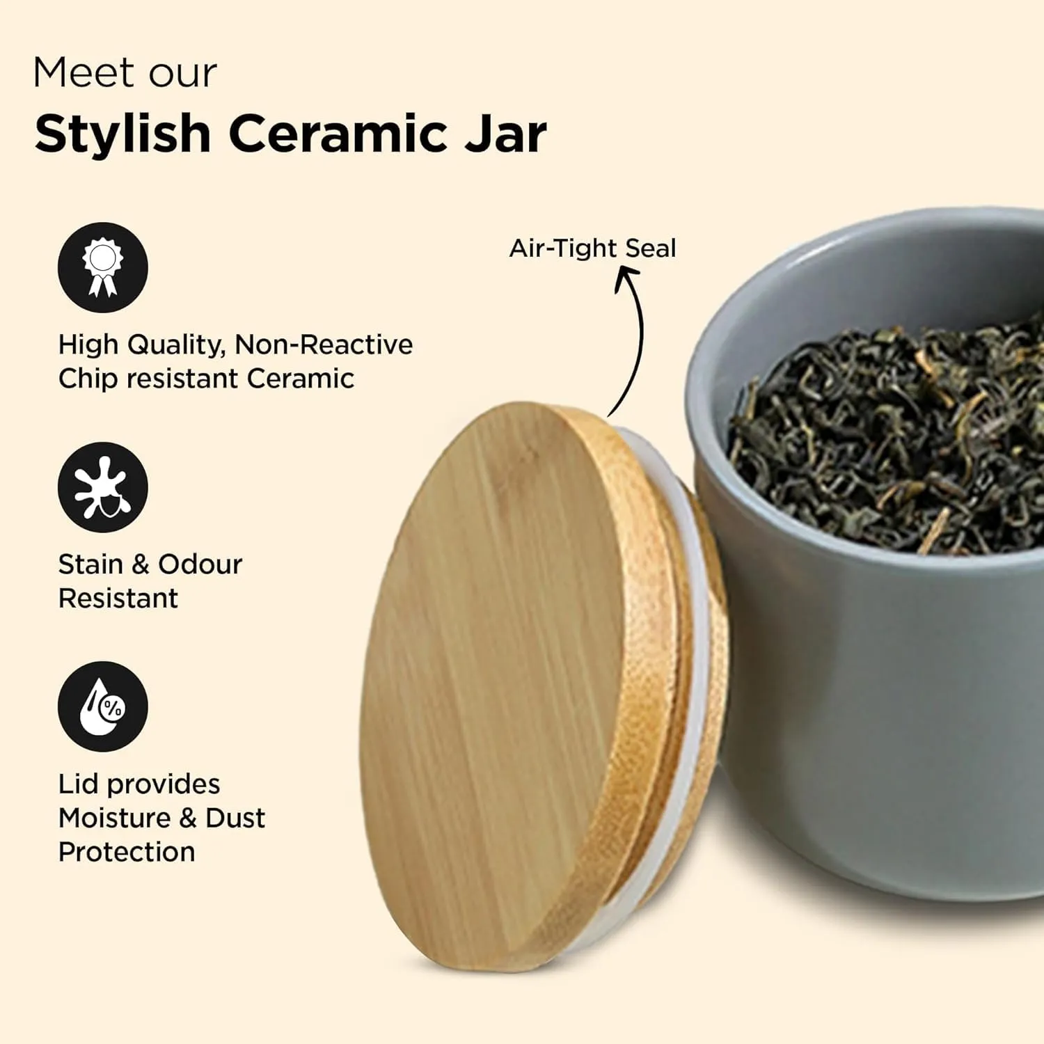 Homestic 260ml Ceramic Jar for Kitchen Storage | Air tight Container Set with Bamboo Lid | Kitchen Container for Snacks, Tea, Sugar | Multipurpose Organizer | Grey | Pack of 2