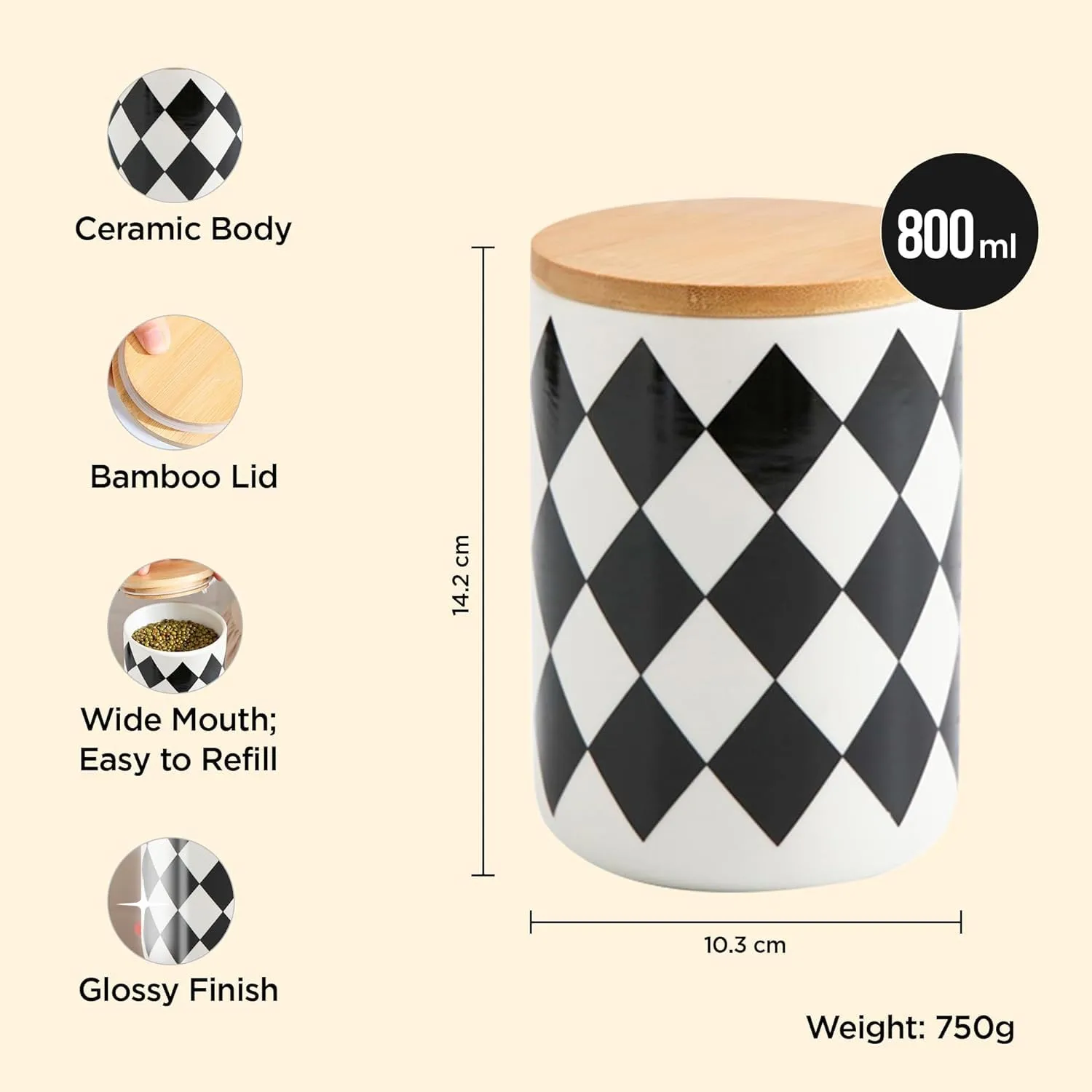 Homestic 800ml Ceramic Jar for Kitchen Storage | Air Tight Container Set with Bamboo Lid | Kitchen Container for Snacks, Tea, Sugar | Multipurpose Organizer | Diamond pattern (Pack of 2)