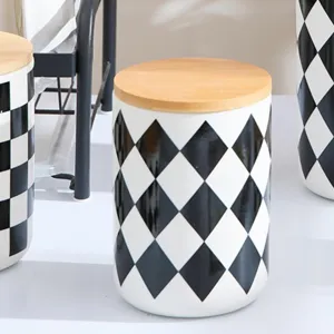 Homestic 800ml Ceramic Jar for Kitchen Storage | Air Tight Container Set with Bamboo Lid | Kitchen Container for Snacks, Tea, Sugar | Multipurpose Organizer | Diamond pattern (Pack of 2)