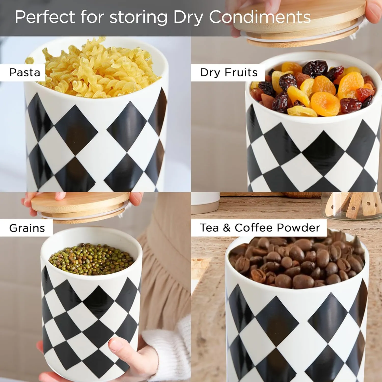 Homestic 800ml Ceramic Jar for Kitchen Storage | Air Tight Container Set with Bamboo Lid | Kitchen Container for Snacks, Tea, Sugar | Multipurpose Organizer | Diamond pattern (Pack of 2)