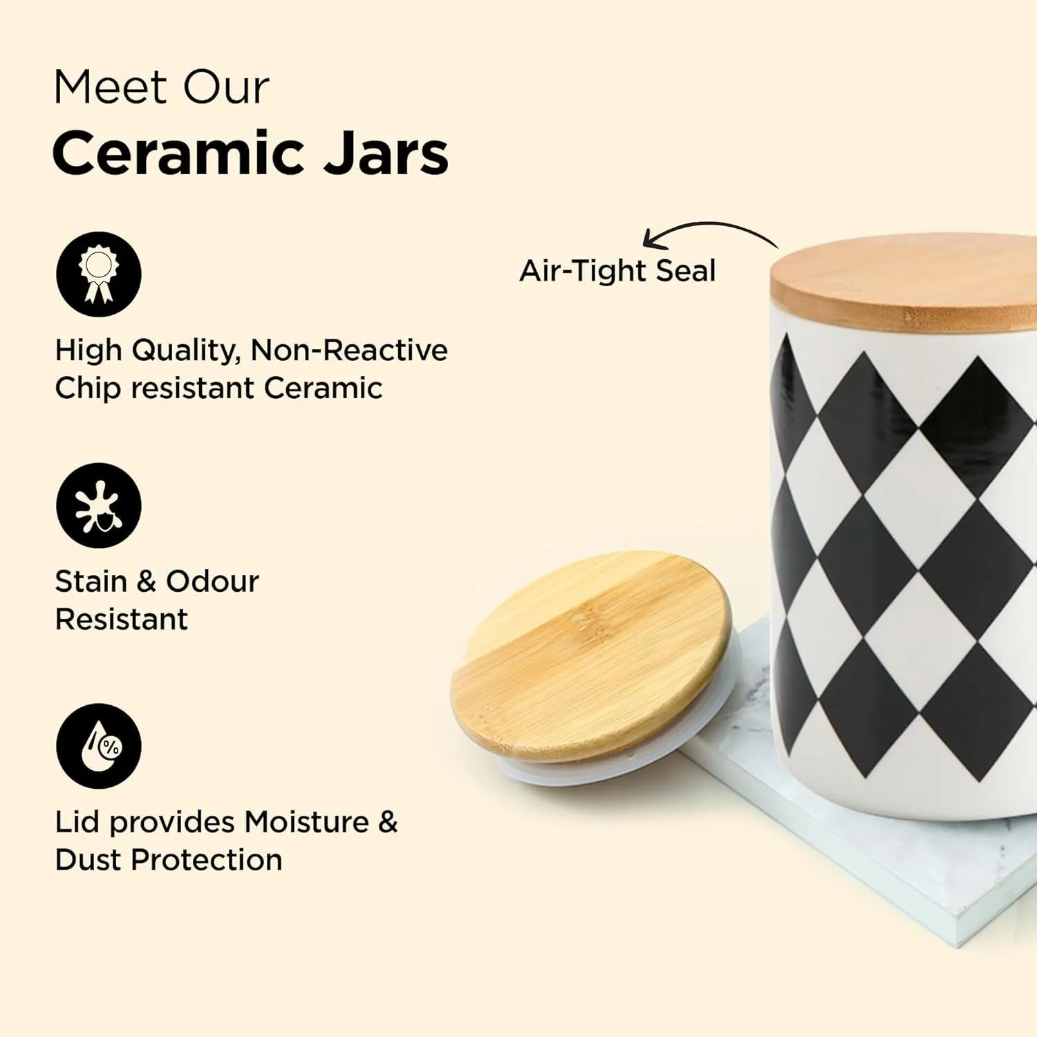 Homestic 800ml Ceramic Jar for Kitchen Storage | Air Tight Container Set with Bamboo Lid | Kitchen Container for Snacks, Tea, Sugar | Multipurpose Organizer | Diamond pattern (Pack of 2)