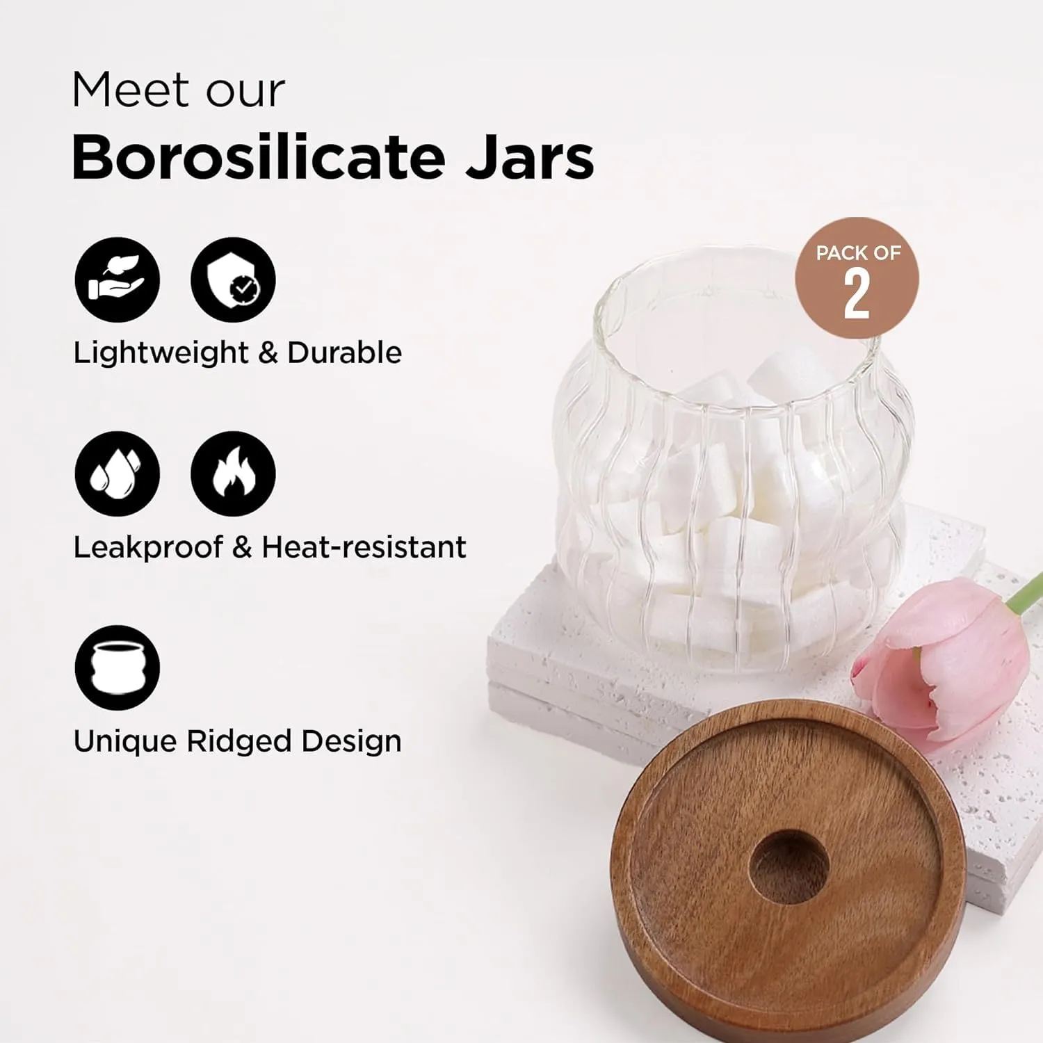Homestic Borosilicate Glass Jar with Acacia Lid | Kitchen Organizer Items & Storage | Multi-utility, Leakproof, Airtight Storage Jar for Cookies, Snacks, Tea, Coffee, Sugar | Set of 2 | 400ml