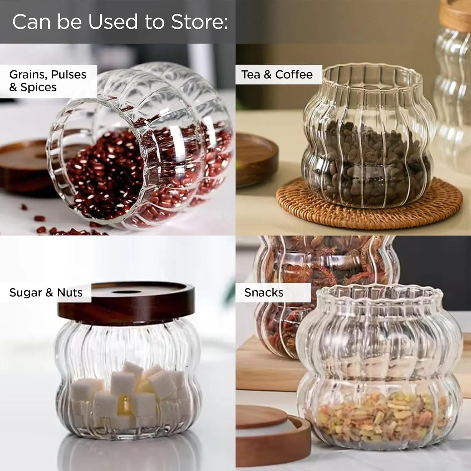 Homestic Borosilicate Glass Jar with Acacia Lid | Kitchen Organizer Items & Storage | Multi-utility, Leakproof, Airtight Storage Jar for Cookies, Snacks, Tea, Coffee, Sugar | Set of 2 | 400ml