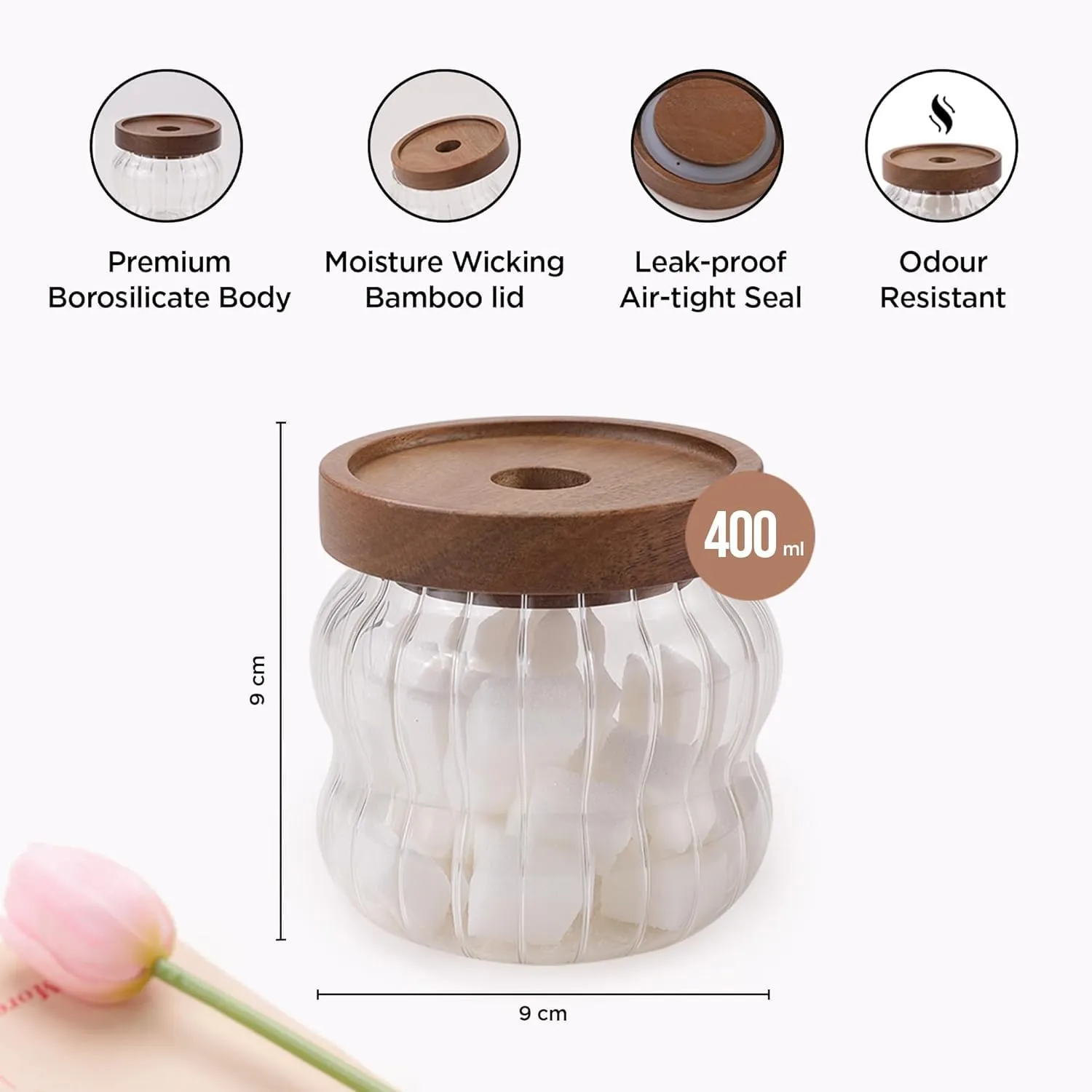 Homestic Borosilicate Glass Jar with Acacia Lid | Kitchen Organizer Items & Storage | Multi-utility, Leakproof, Airtight Storage Jar for Cookies, Snacks, Tea, Coffee, Sugar | Set of 2 | 400ml