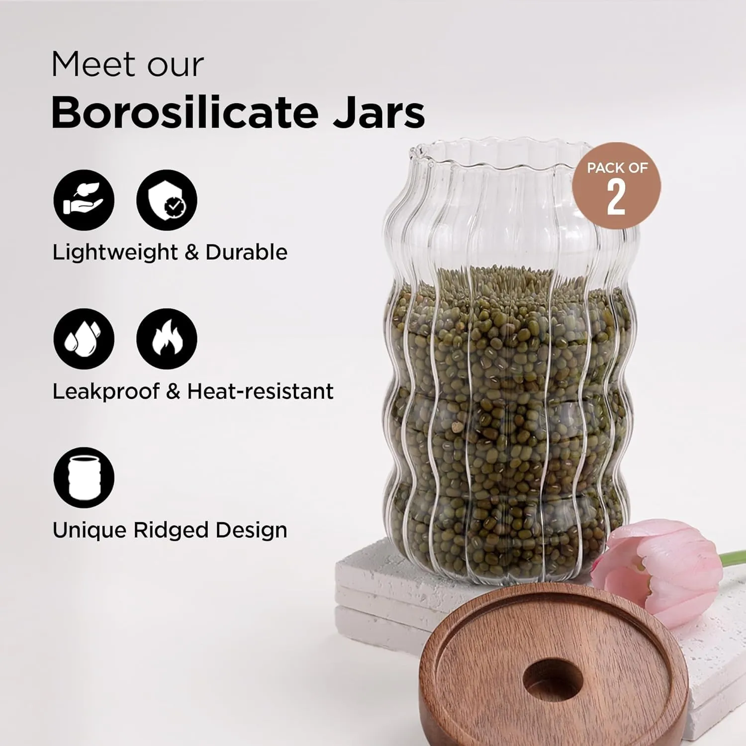 Homestic Borosilicate Glass Jar with Acacia Lid | Kitchen Organizer Items & Storage | Multi-utility, Leakproof, Airtight Storage Jar for Cookies, Snacks, Tea, Coffee, Sugar | Set of 2 (750ml)