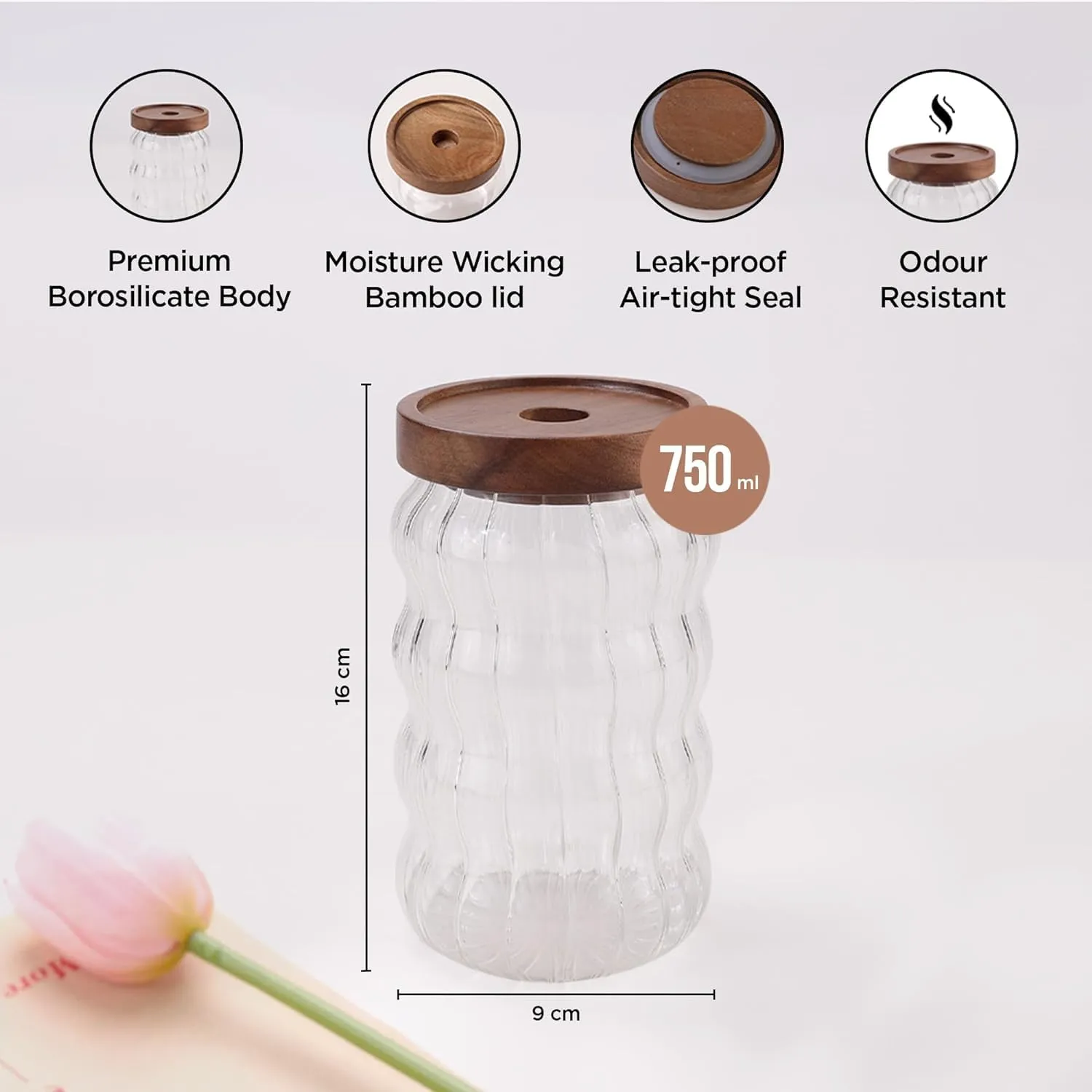 Homestic Borosilicate Glass Jar with Acacia Lid | Kitchen Organizer Items & Storage | Multi-utility, Leakproof, Airtight Storage Jar for Cookies, Snacks, Tea, Coffee, Sugar | Set of 2 (750ml)