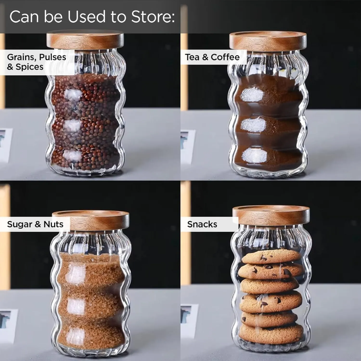 Homestic Borosilicate Glass Jar with Acacia Lid | Kitchen Organizer Items & Storage | Multi-utility, Leakproof, Airtight Storage Jar for Cookies, Snacks, Tea, Coffee, Sugar | Set of 2 (750ml)