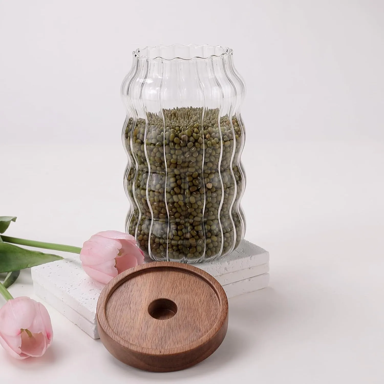 Homestic Borosilicate Glass Jar with Acacia Lid | Kitchen Organizer Items & Storage | Multi-utility, Leakproof, Airtight Storage Jar for Cookies, Snacks, Tea, Coffee, Sugar | Set of 2 (750ml)