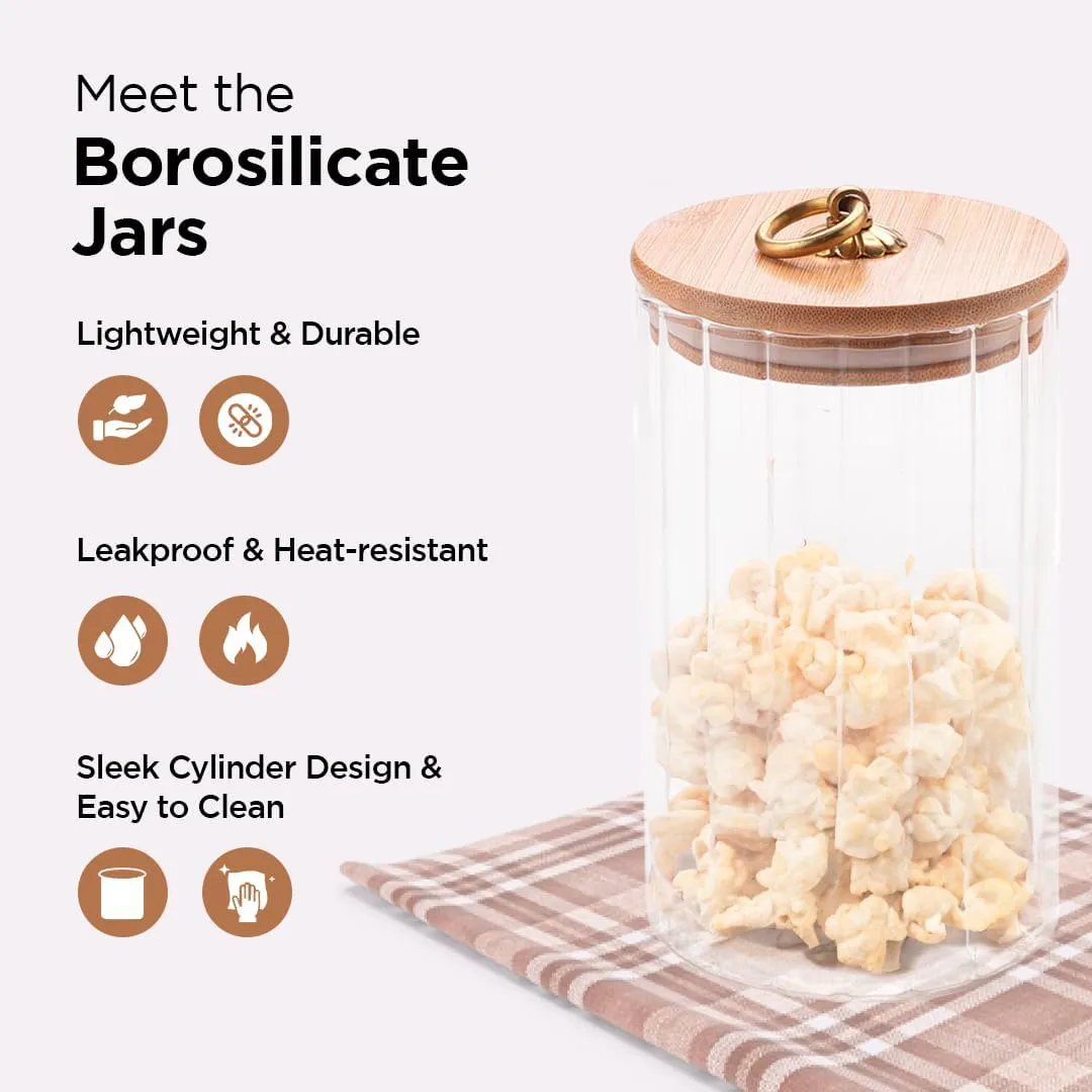 Homestic Borosilicate Glass Jar with Bamboo Lid | Kitchen Organizer Items & Storage | Multi-utility, Leakproof, Airtight Storage Jar for Cookies, Snacks, Tea, Coffee, Sugar | Set of 2 (1125ml)