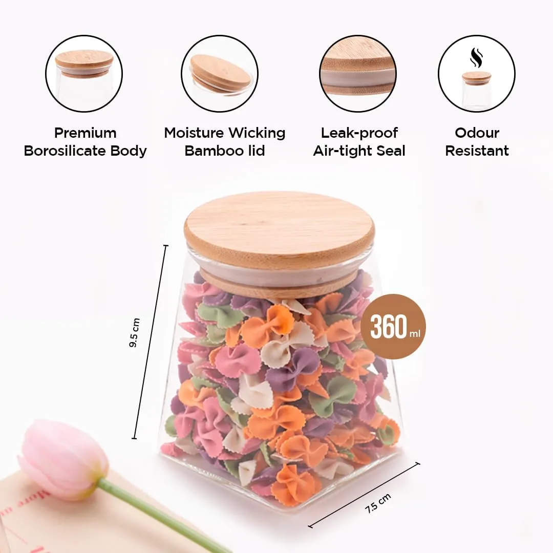 Homestic Borosilicate Glass Jar with Bamboo Lid | Kitchen Organizer Items & Storage | Multi-utility, Leakproof, Airtight Storage Jar for Cookies, Snacks, Tea, Coffee, Sugar | Set of 2 (360ml)