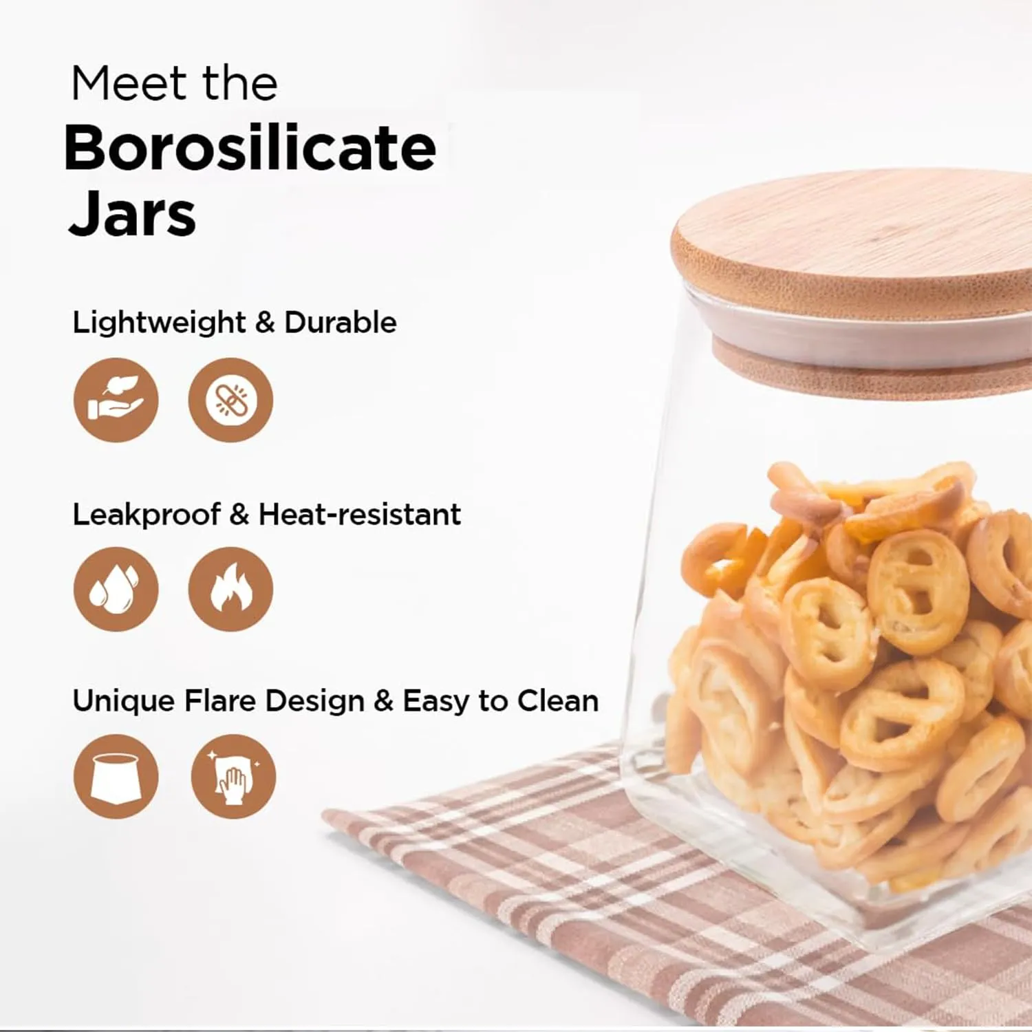 Homestic Borosilicate Glass Jar with Bamboo Lid | Kitchen Organizer Items & Storage | Multi-utility, Leakproof, Airtight Storage Jar for Cookies, Snacks, Tea, Coffee, Sugar | Set of 2 (360ml)