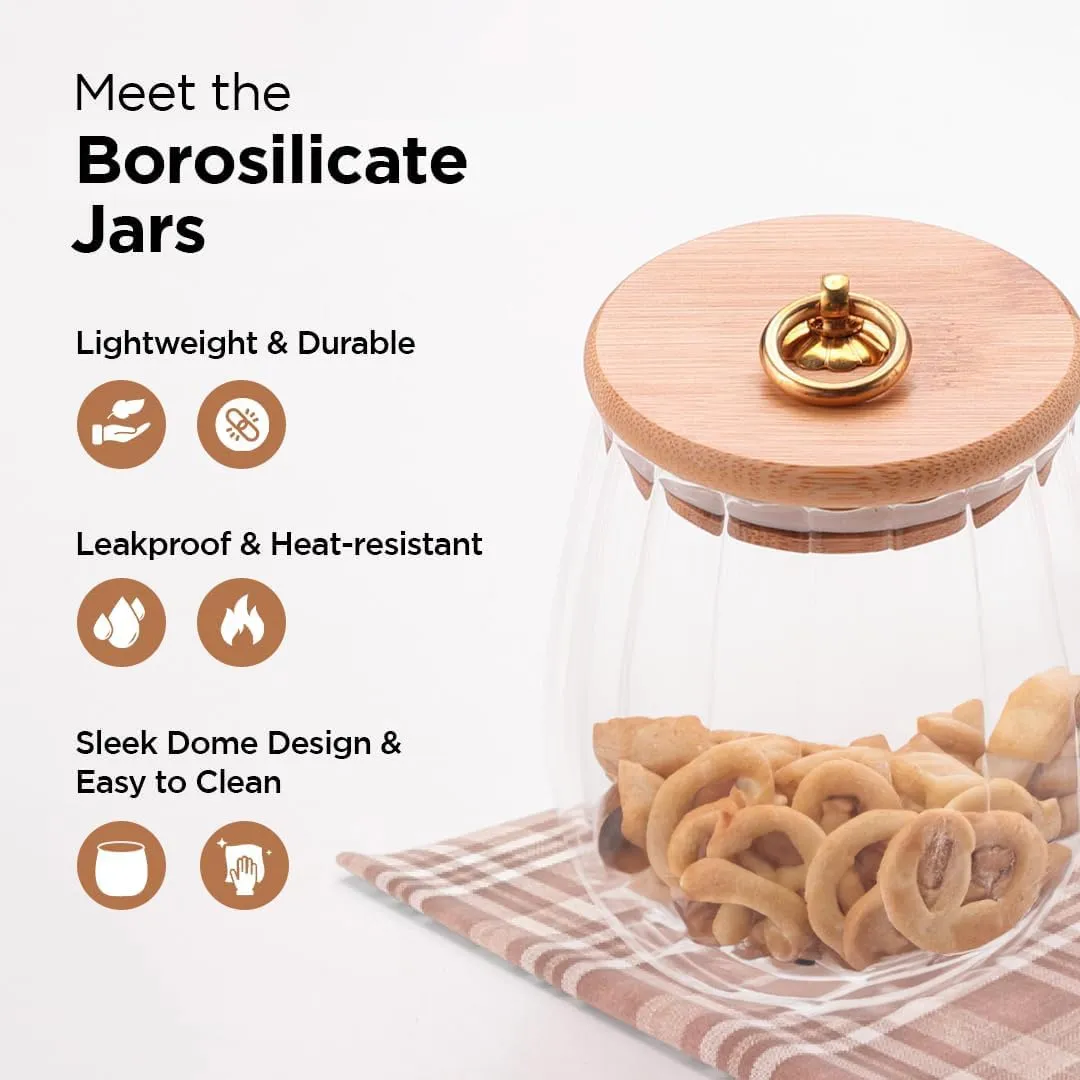 Homestic Borosilicate Glass Jar with Bamboo Lid | Kitchen Organizer Items & Storage | Multi-utility, Leakproof, Airtight Storage Jar for Cookies, Snacks, Tea, Coffee, Sugar | Set of 2 (830ml)