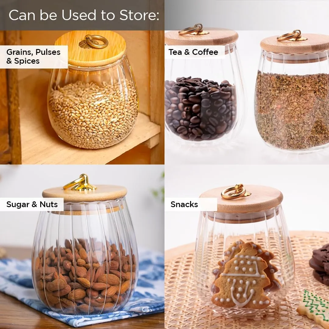 Homestic Borosilicate Glass Jar with Bamboo Lid | Kitchen Organizer Items & Storage | Multi-utility, Leakproof, Airtight Storage Jar for Cookies, Snacks, Tea, Coffee, Sugar | Set of 2 (830ml)