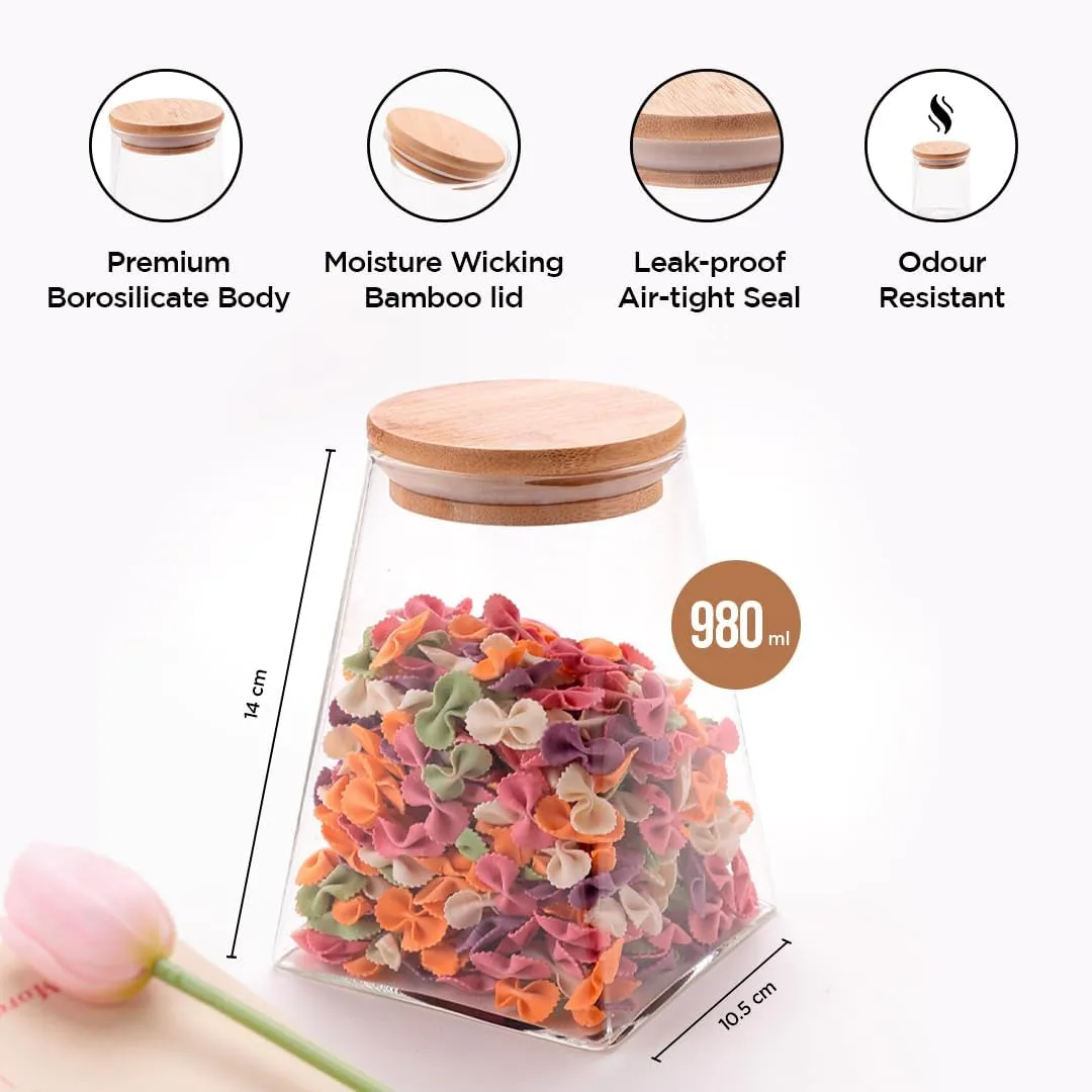 Homestic Borosilicate Glass Jar with Bamboo Lid | Kitchen Organizer Items & Storage | Multi-utility, Leakproof, Airtight Storage Jar for Cookies, Snacks, Tea, Coffee, Sugar | Set of 2 (980ml)