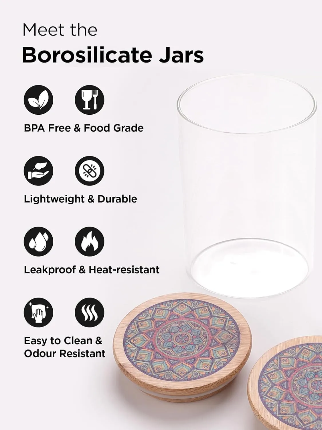 Homestic Borosilicate Glass Jar with Printed Bamboo Lid|Kitchen Organizer Items and Storage|Multi-utility, Leakproof, Airtight Storage Jar for Cookies,Snacks,Tea,Coffee,Sugar|Pack of 6(1000ml)