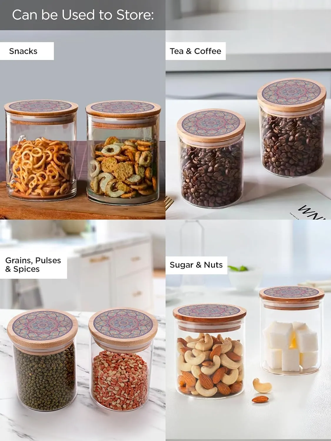 Homestic Borosilicate Glass Jar with Printed Bamboo Lid|Kitchen Organizer Items and Storage|Multi-utility, Leakproof, Airtight Storage Jar for Cookies,Snacks,Tea,Coffee,Sugar|Pack of 6(1000ml)