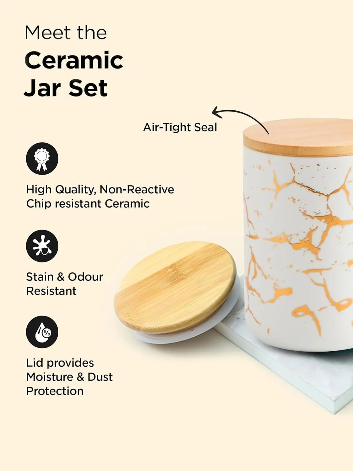 Kuber Industries 1000ml Ceramic Jar for Kitchen Storage | Air Tight Container Set with Bamboo Lid | Kitchen Container for Snacks, Tea, Sugar | Multipurpose Organizer | White with print | Pack of 2