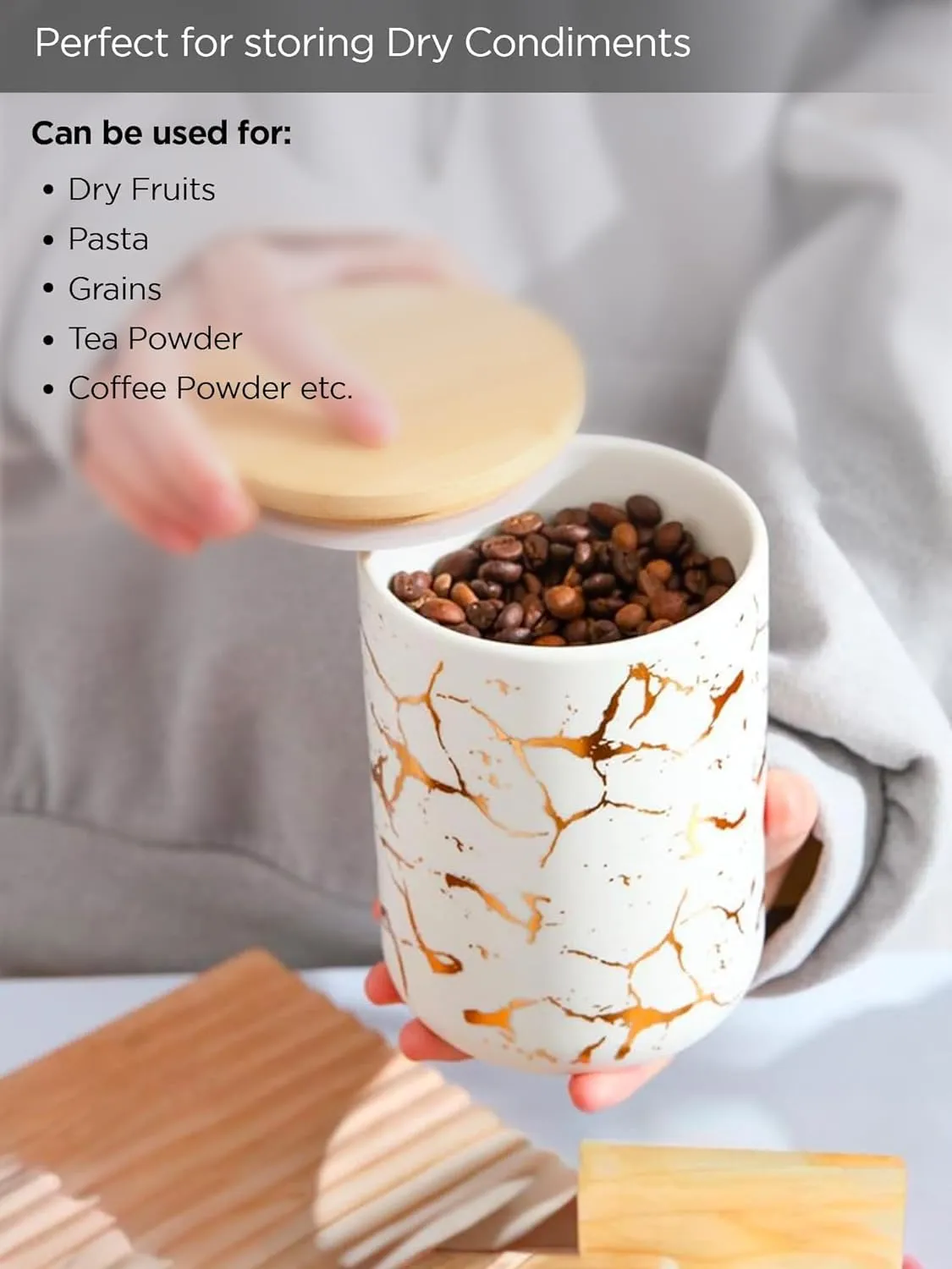 Kuber Industries 1000ml Ceramic Jar for Kitchen Storage | Air Tight Container Set with Bamboo Lid | Kitchen Container for Snacks, Tea, Sugar | Multipurpose Organizer | White with print | Pack of 2