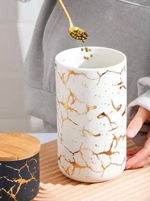 Kuber Industries 1000ml Ceramic Jar for Kitchen Storage | Air Tight Container Set with Bamboo Lid | Kitchen Container for Snacks, Tea, Sugar | Multipurpose Organizer | White with print | Pack of 2
