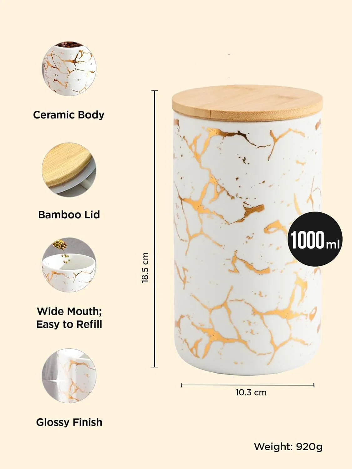 Kuber Industries 1000ml Ceramic Jar for Kitchen Storage | Air Tight Container Set with Bamboo Lid | Kitchen Container for Snacks, Tea, Sugar | Multipurpose Organizer | White with print | Pack of 2