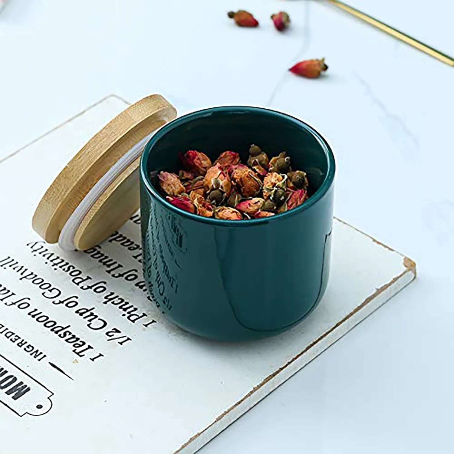 Kuber Industries 260ml Ceramic Jar for Kitchen Storage | Air-tight Container Set with Bamboo Lid | Multipurpose kitchen storage container for Snacks, Tea, Sugar | Teal | Pack of 3