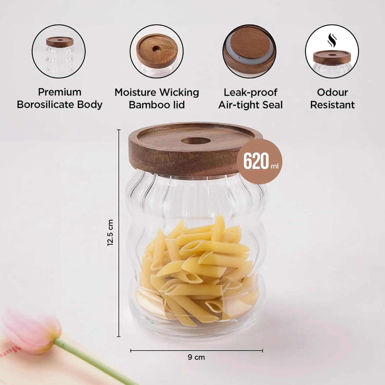 Kuber Industries Borosilicate Glass Jar with Bamboo Lid | Kitchen Organizer Items & Storage | Multi-utility, Leakproof, Airtight Storage Jar for Cookies, Snacks, Tea, Coffee, Sugar | Set of 2 (620ml)