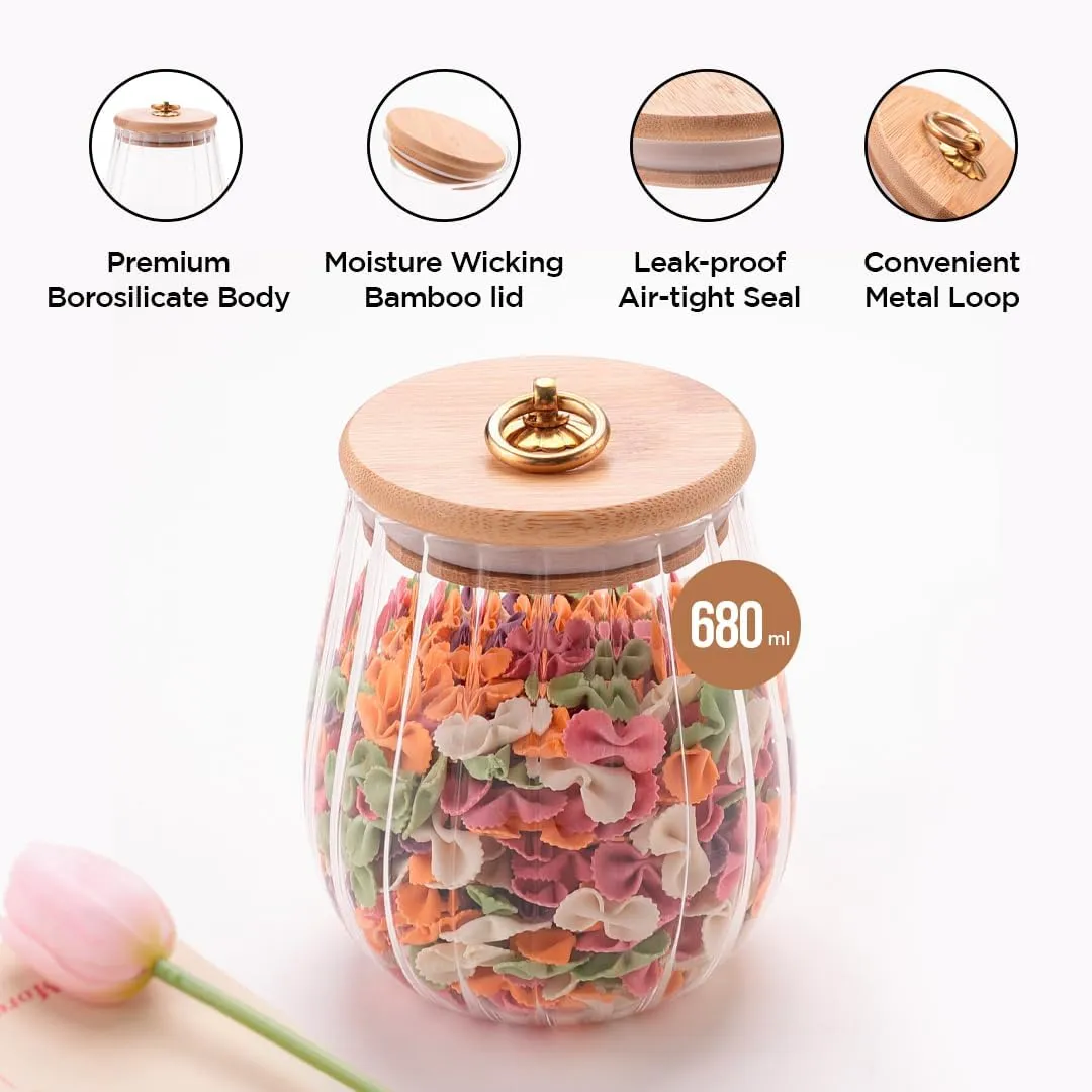 Kuber Industries Borosilicate Glass Jar with Bamboo Lid | Kitchen Organizer Items & Storage | Multi-utility, Leakproof, Airtight Storage Jar for Cookies, Snacks, Tea, Coffee, Sugar | Set of 2 (680ml)