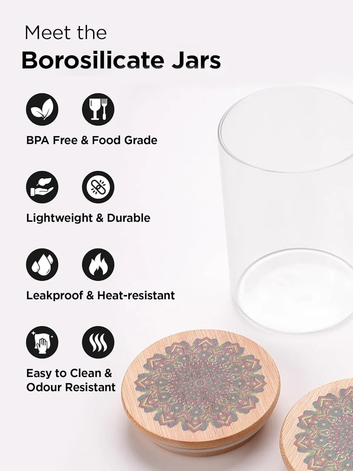 Kuber Industries Borosilicate Glass Jar with Printed Bamboo Lid|Kitchen Organizer Items and Storage|Multi-utility, Leakproof, Airtight Storage Jar for Cookies,Snacks,Tea,Coffee,Sugar|Pack of 2(600ml)