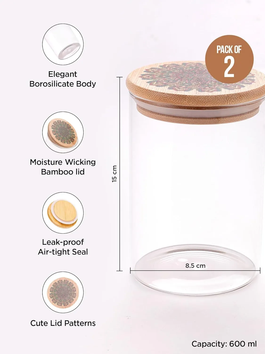 Kuber Industries Borosilicate Glass Jar with Printed Bamboo Lid|Kitchen Organizer Items and Storage|Multi-utility, Leakproof, Airtight Storage Jar for Cookies,Snacks,Tea,Coffee,Sugar|Pack of 2(600ml)