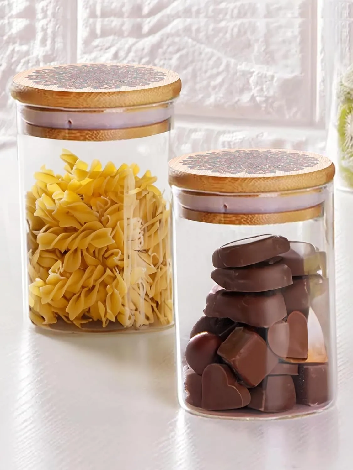 Kuber Industries Borosilicate Glass Jar with Printed Bamboo Lid|Kitchen Organizer Items and Storage|Multi-utility, Leakproof, Airtight Storage Jar for Cookies,Snacks,Tea,Coffee,Sugar|Pack of 2(600ml)
