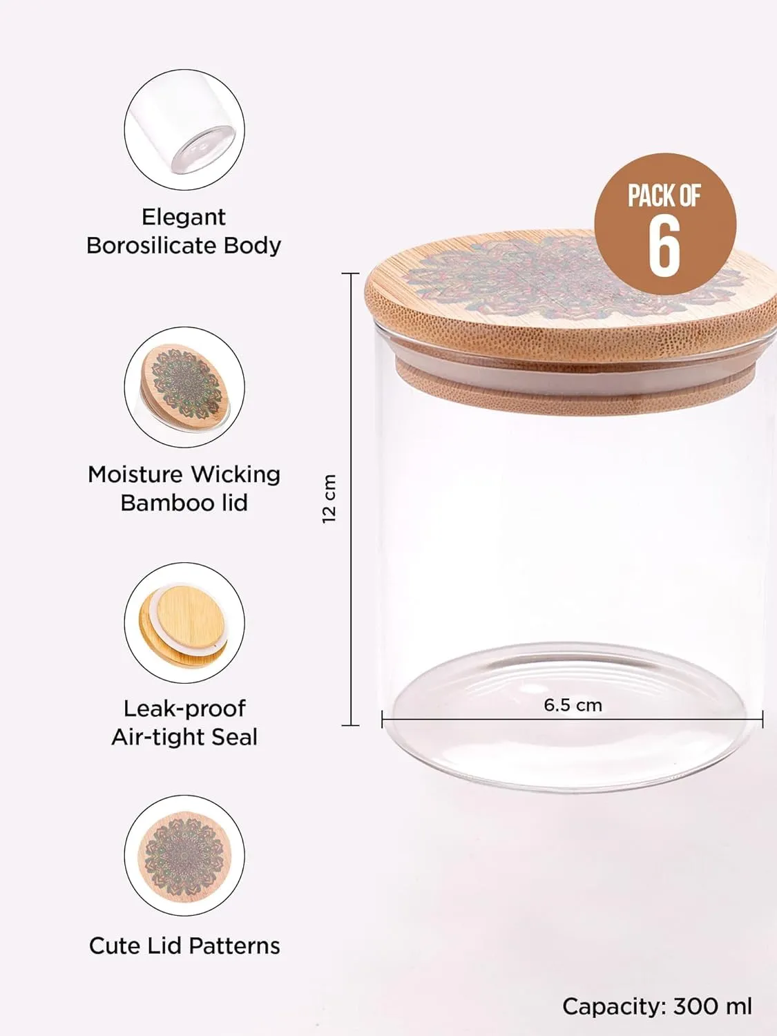 Kuber Industries Borosilicate Glass Jar with Printed Bamboo Lid|Kitchen Organizer Items and Storage|Multi-utility, Leakproof, Airtight Storage Jar for Cookies,Snacks,Tea,Coffee,Sugar|Pack of 6(300ml)