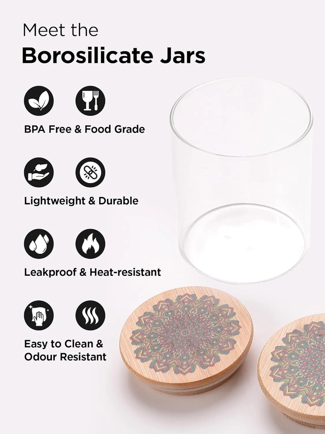Kuber Industries Borosilicate Glass Jar with Printed Bamboo Lid|Kitchen Organizer Items and Storage|Multi-utility, Leakproof, Airtight Storage Jar for Cookies,Snacks,Tea,Coffee,Sugar|Pack of 6(300ml)