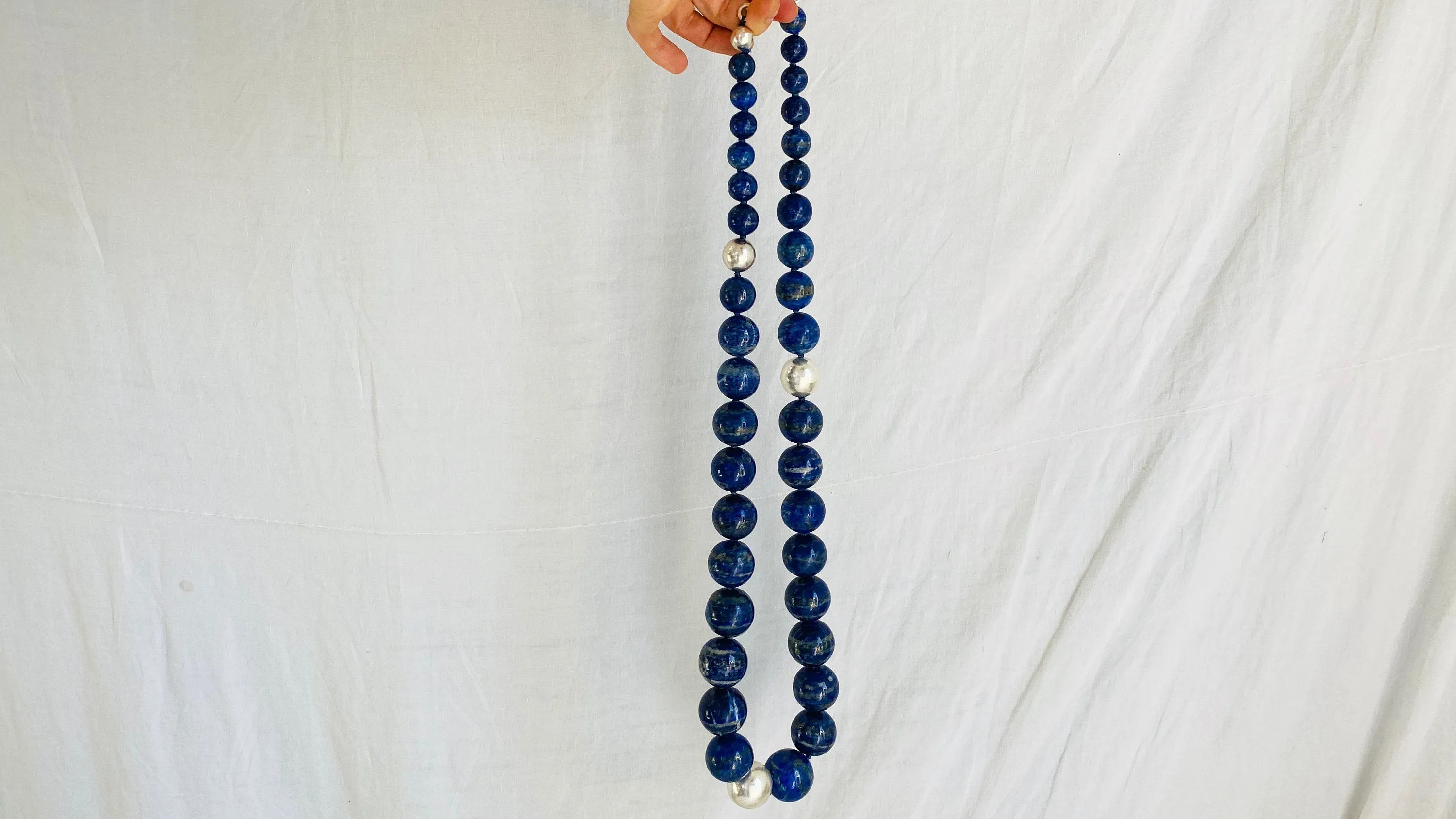 Lapis and Taxco Silver Beaded Long Necklace.
