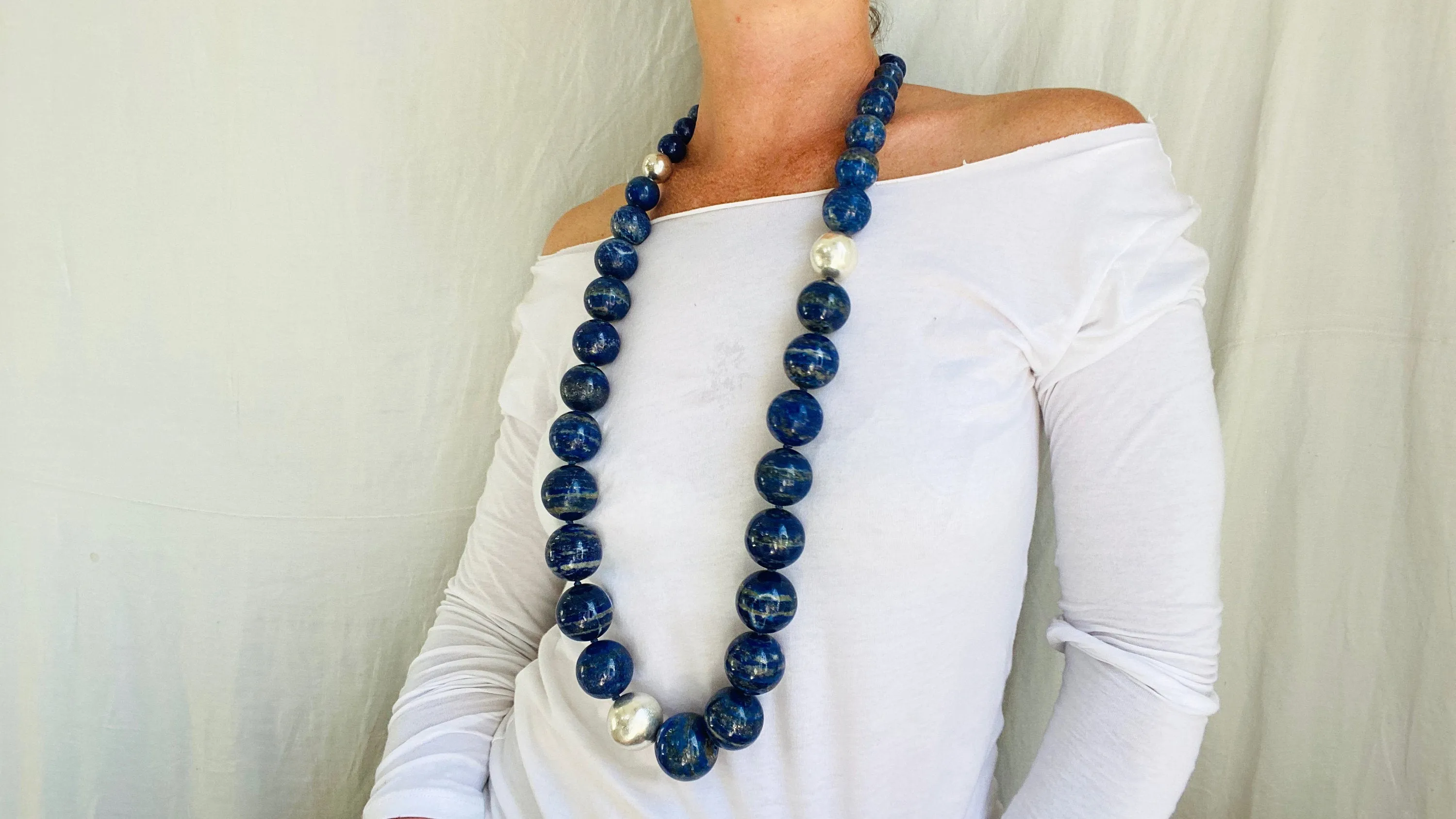Lapis and Taxco Silver Beaded Long Necklace.