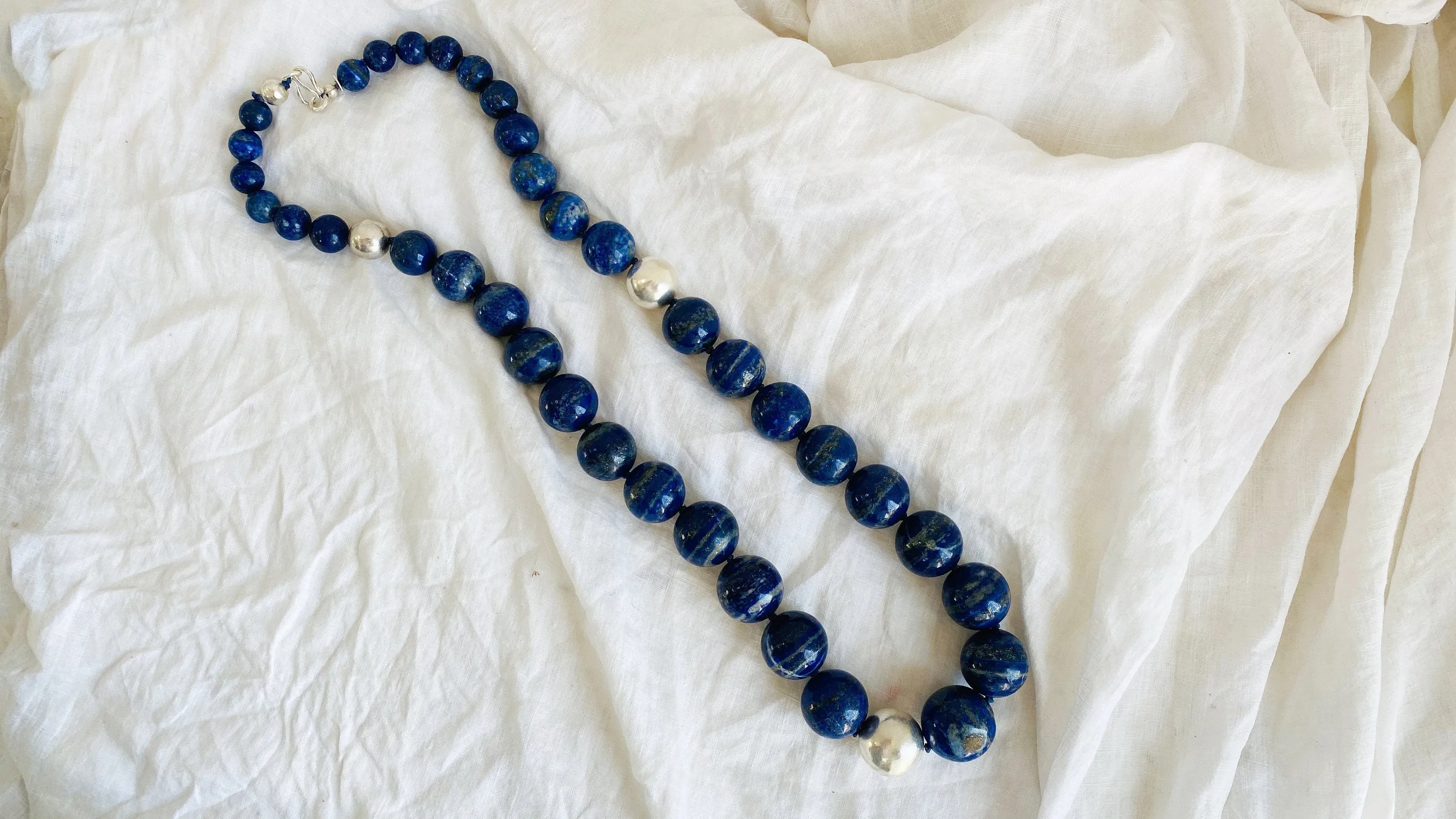 Lapis and Taxco Silver Beaded Long Necklace.
