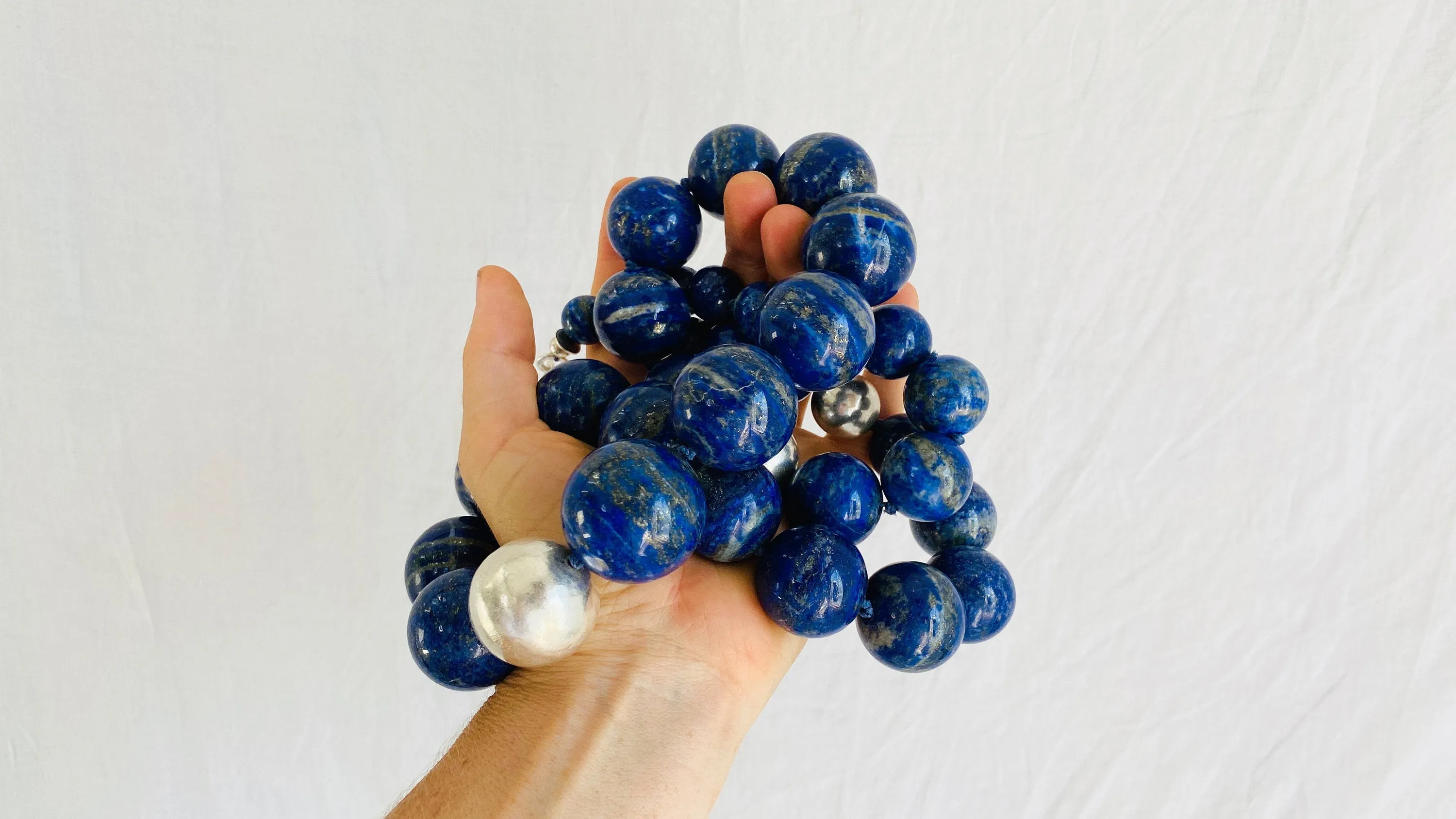 Lapis and Taxco Silver Beaded Long Necklace.