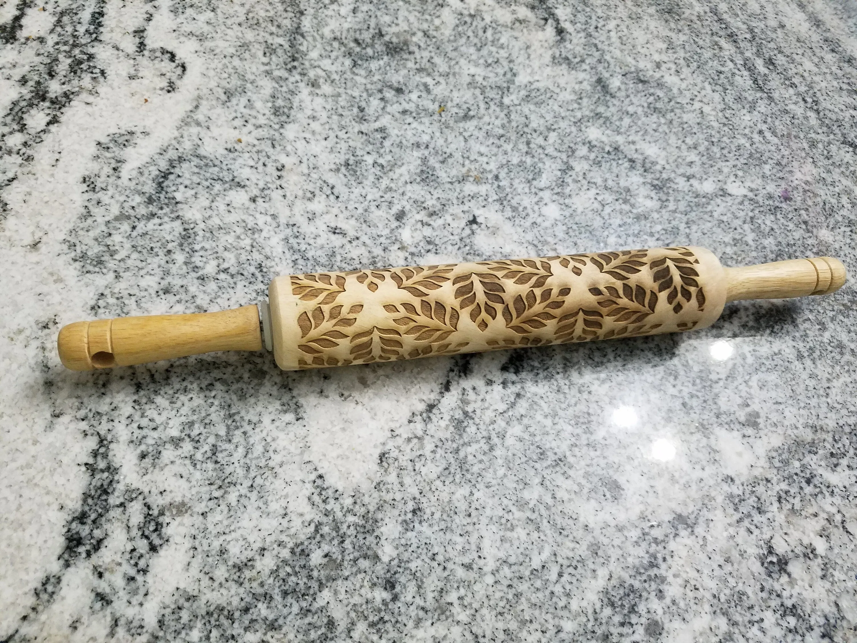Leaf, Leaves, Floral Pattern, Geometric, 10 Inch Rolling Pin, Pie Crust, Texture, Embossed, Engraved, Wood, Cookie Stamp, Wooden, pottery
